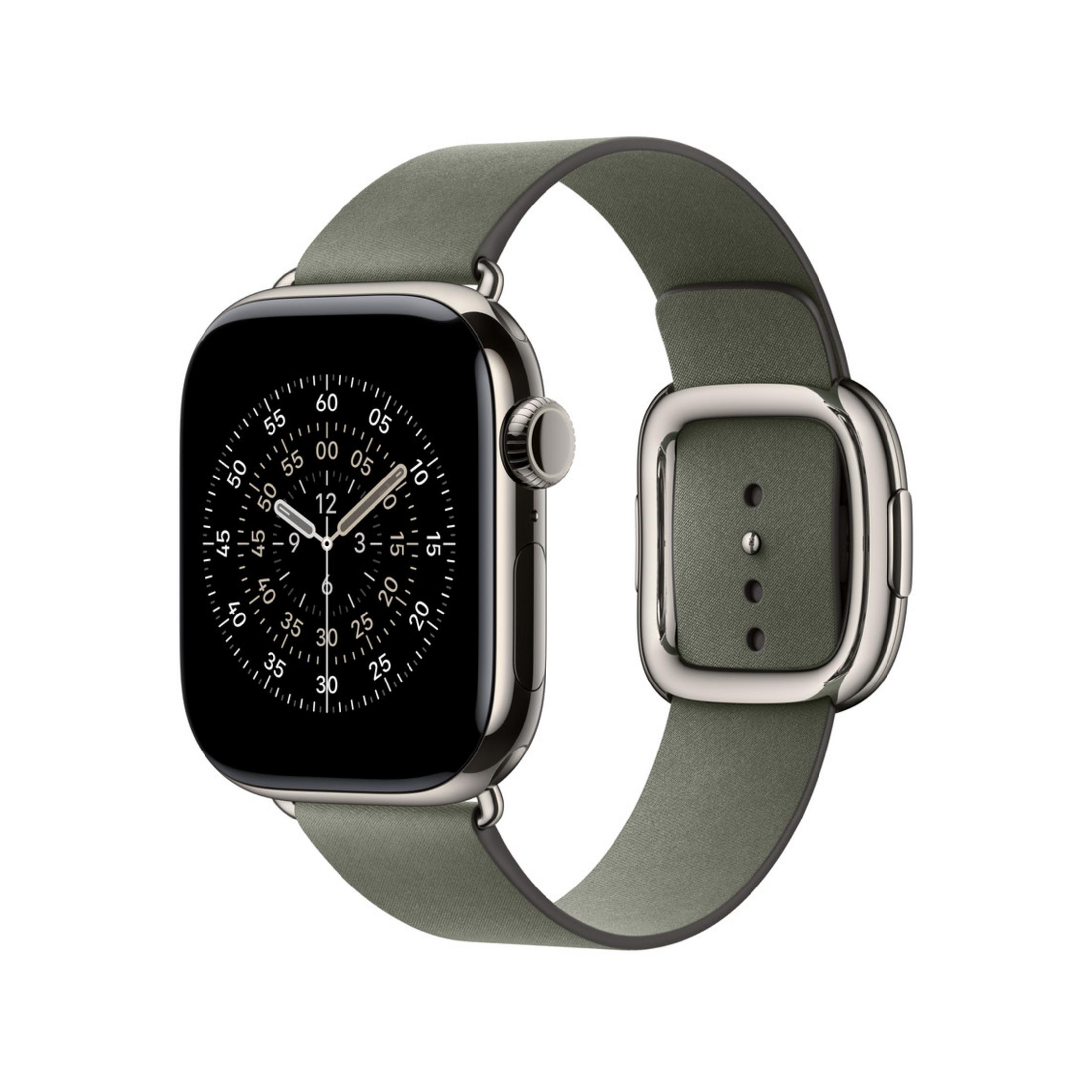 Uno smartwatch grigio con cassa argentata e cinturino in tessuto.