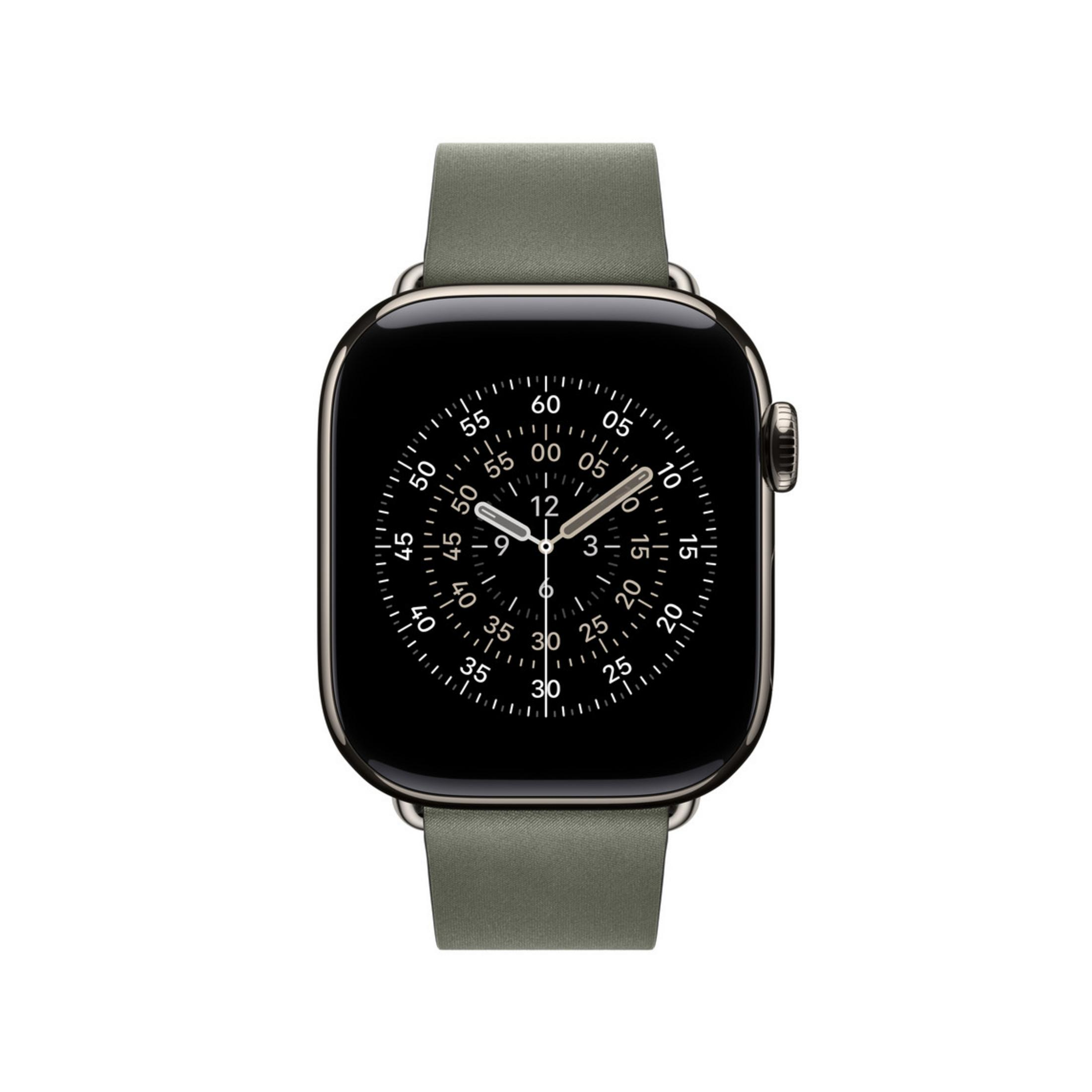 Uno smartwatch grigio con quadrante nero e lancette argentate.