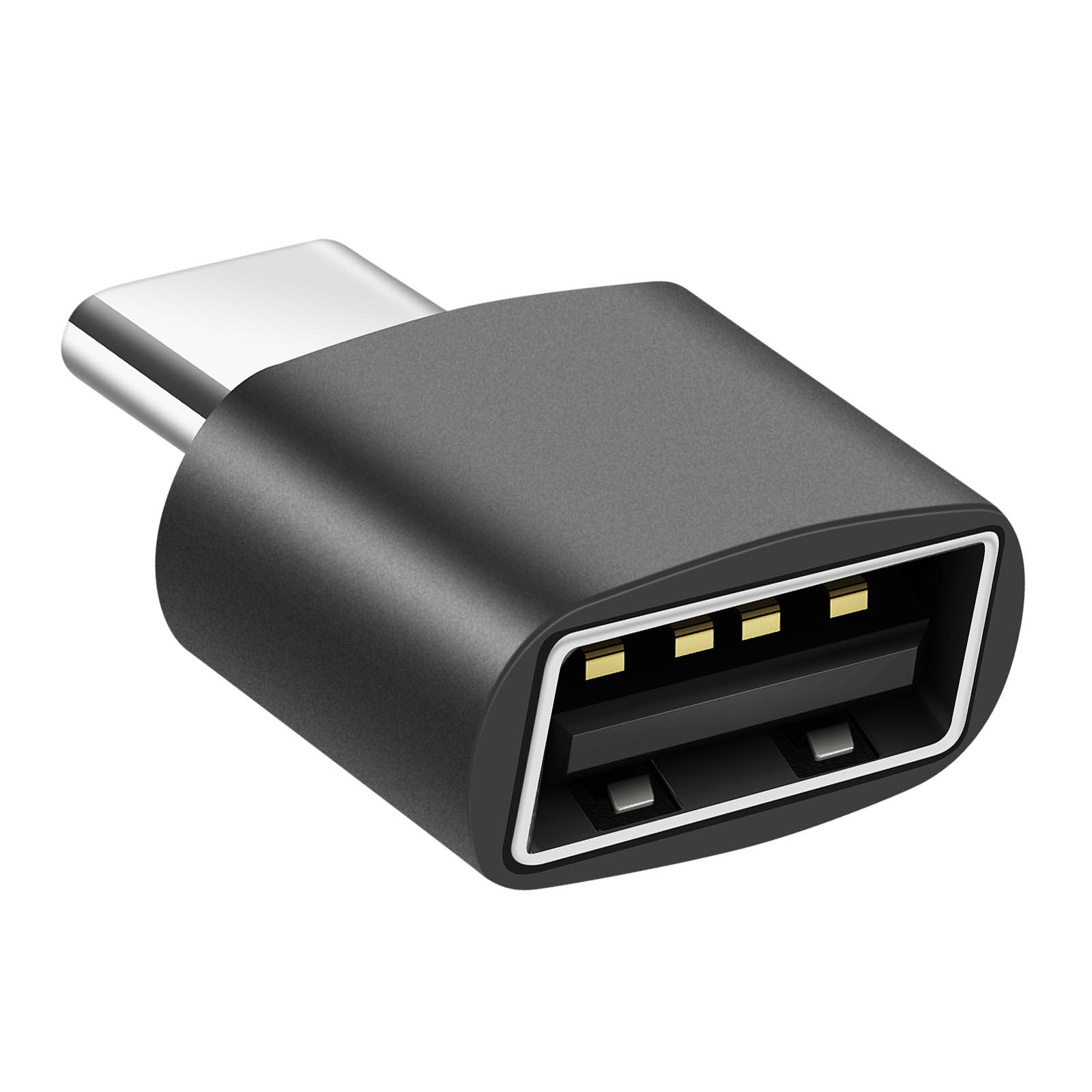 Un adattatore USB-C a USB-A nero con connettore metallico.