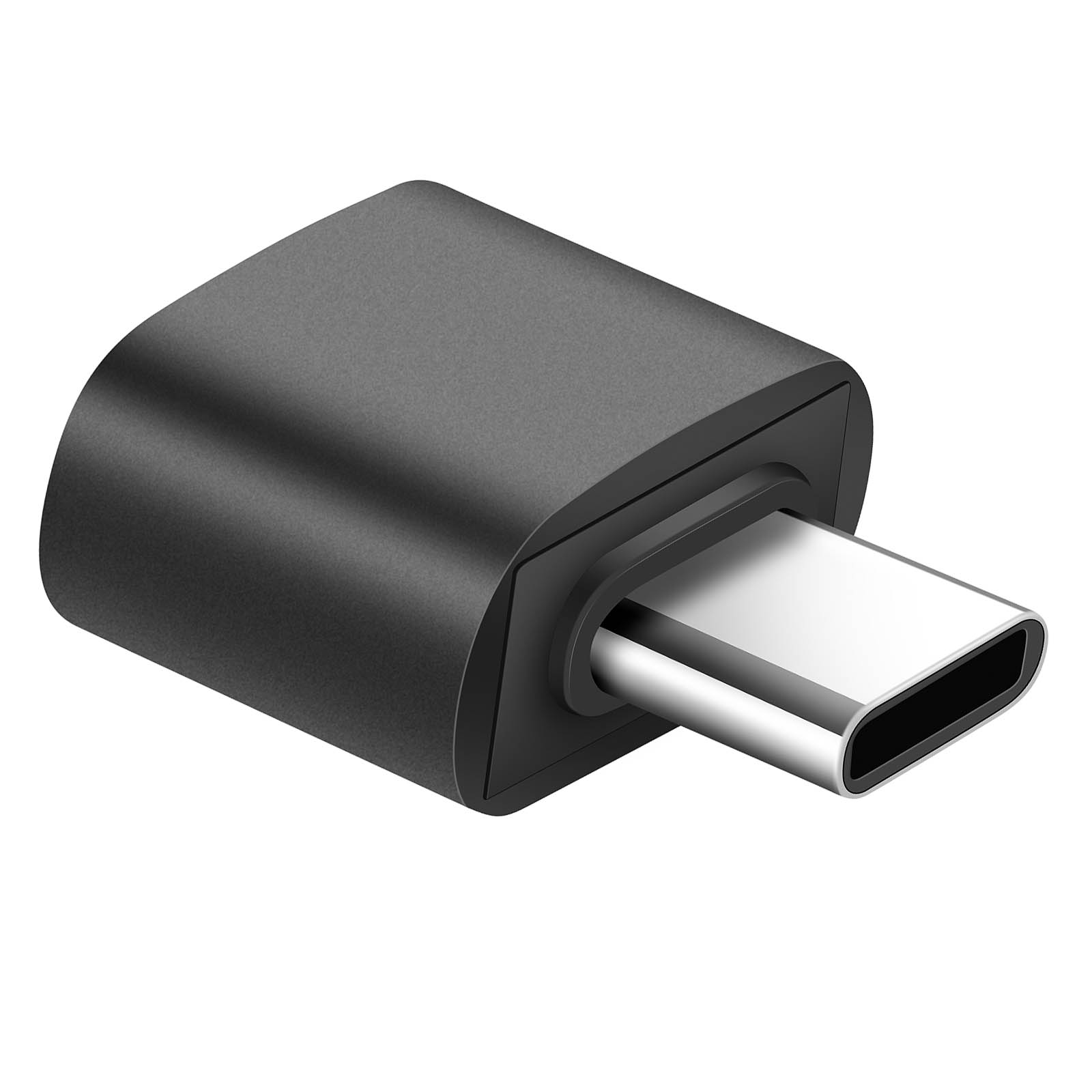Un adattatore USB-C nero con un connettore argentato che sporge dall'involucro.