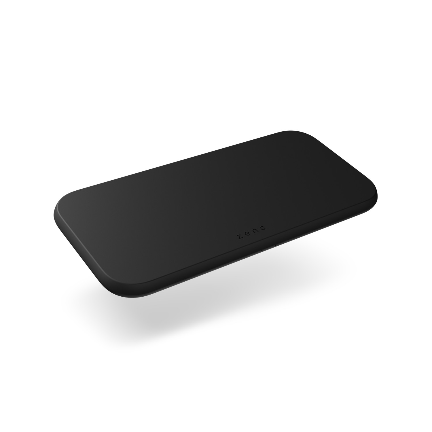 Un pad di ricarica nero, rettangolare, con angoli arrotondati, su sfondo bianco.