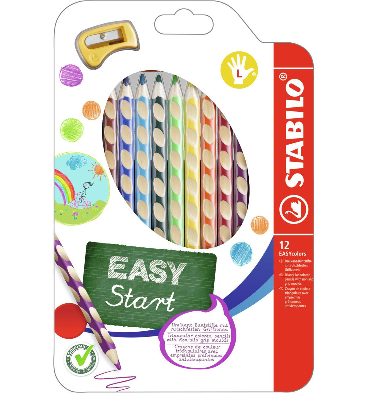 Packung mit 12 Stabilo Easycolors Dreikantstiften mit rutschfester Griffzone.