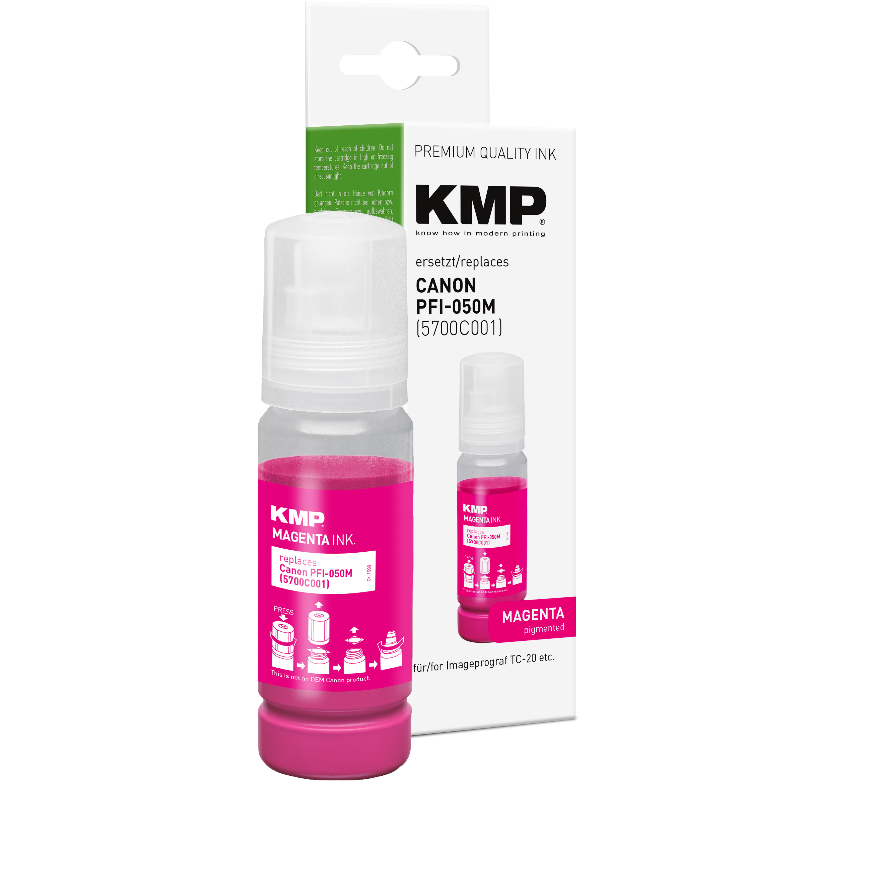 Una bottiglia di inchiostro magenta KMP sostituisce Canon PFI-050M. Include avvertenze.