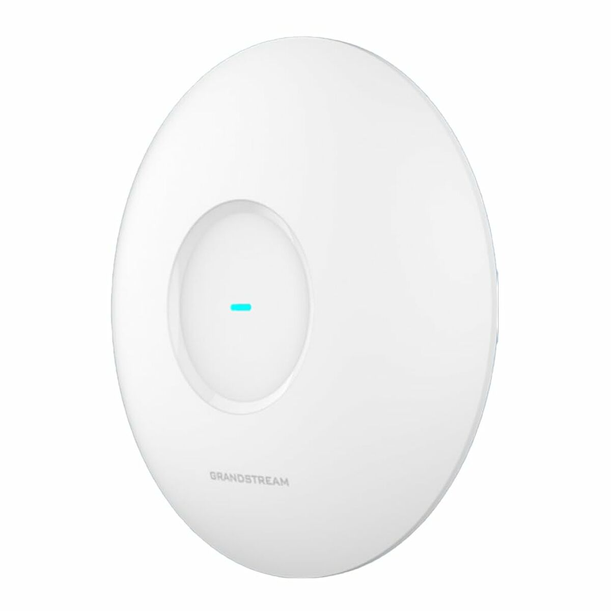 Un punto di accesso Grandstream bianco con luce blu è mostrato su sfondo bianco.
