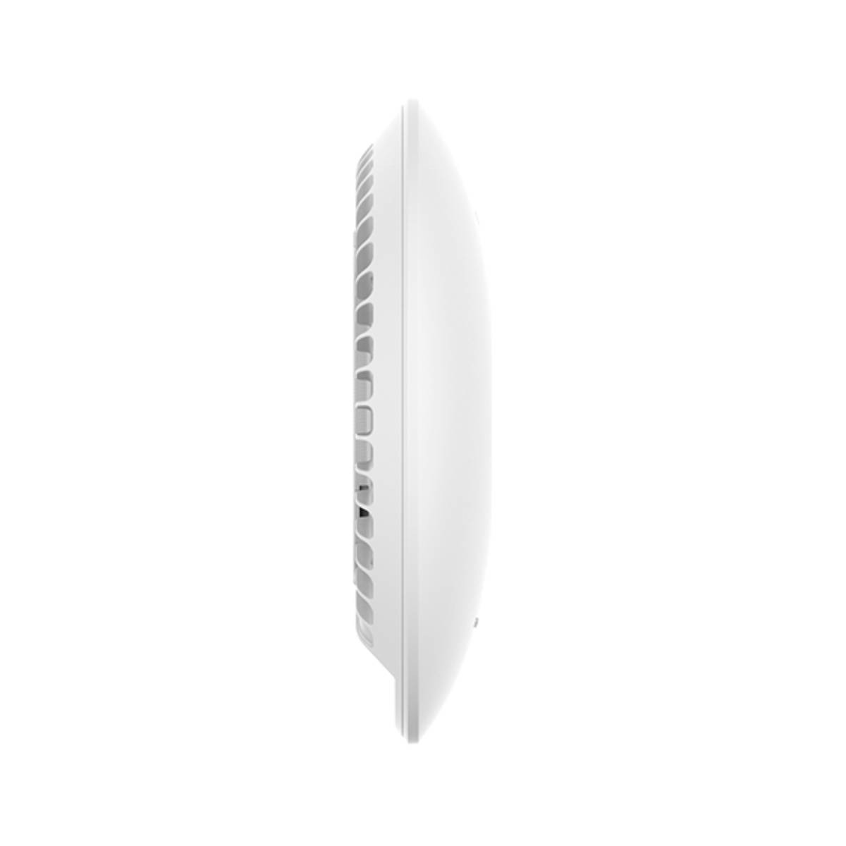 Un dispositivo bianco e rotondo con fessure di ventilazione sul lato.