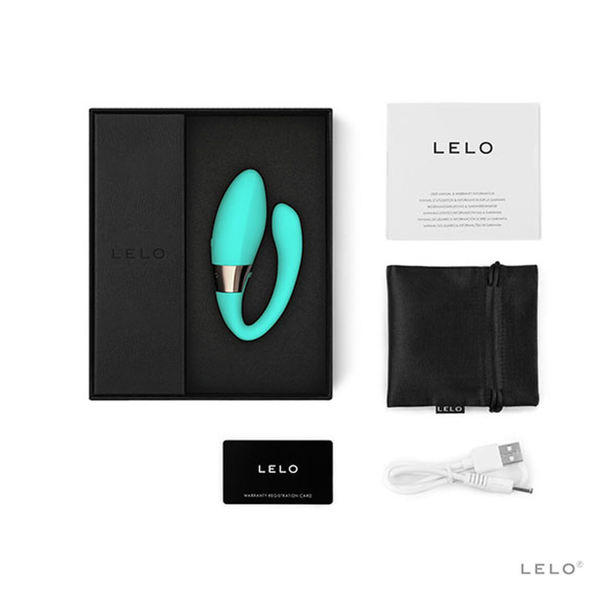 Un vibrador LELO color verde azulado en caja negra con accesorios: manual, bolsa, tarjeta garantía, cable USB.