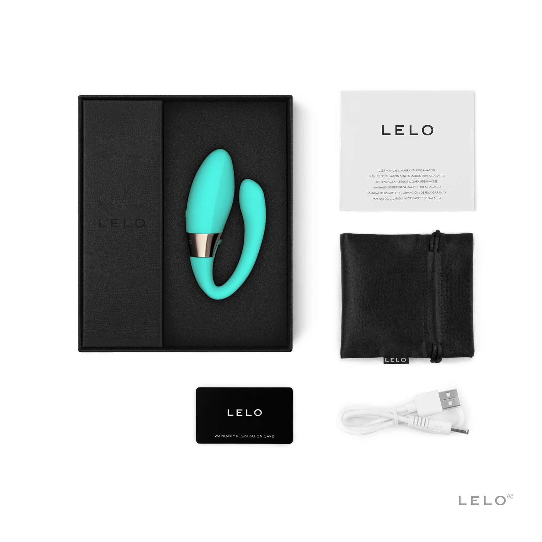 Un vibrador LELO turquesa en caja negra con accesorios: manual, bolsa y cable de carga.