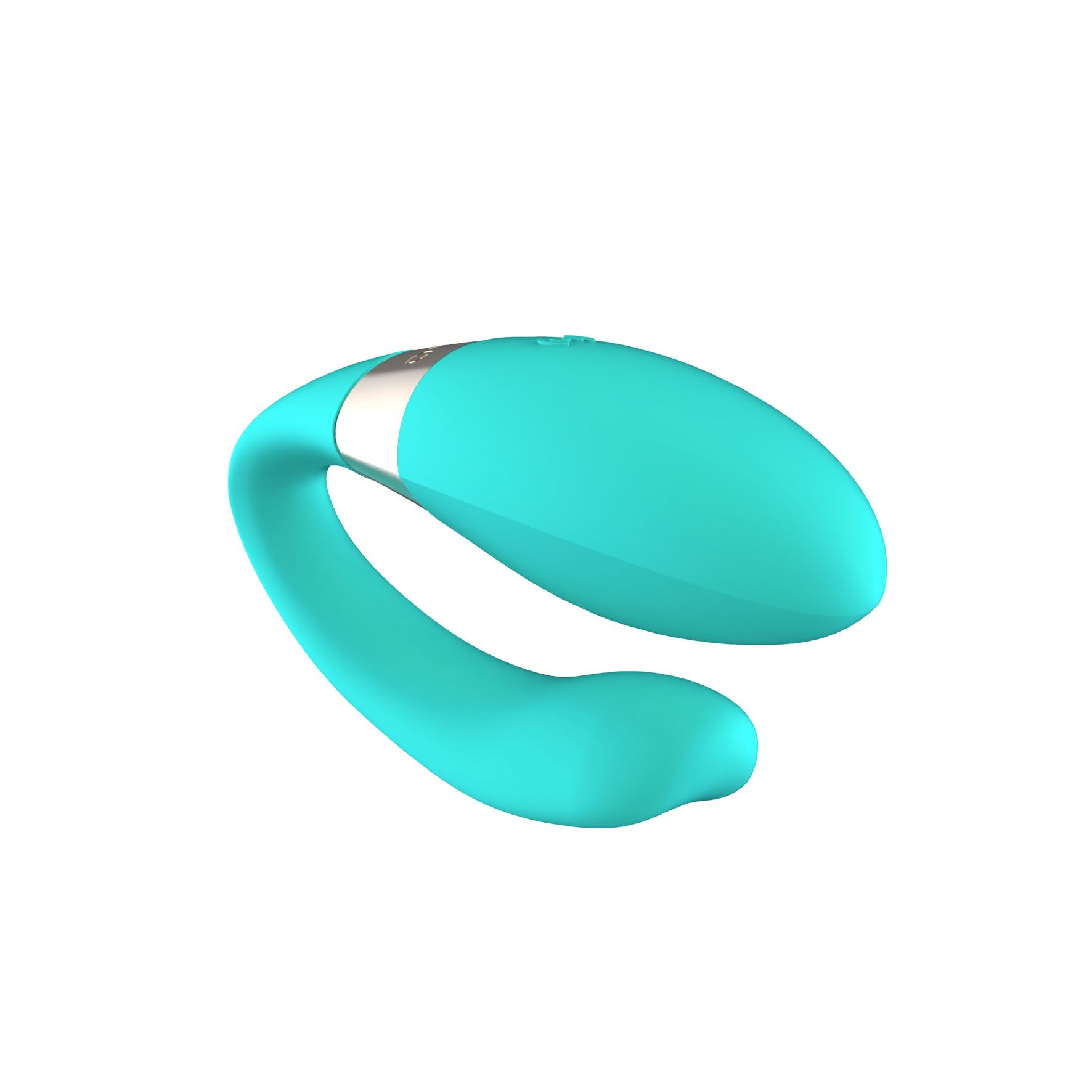 Un vibrador de color verde azulado con un anillo plateado, sobre fondo blanco.