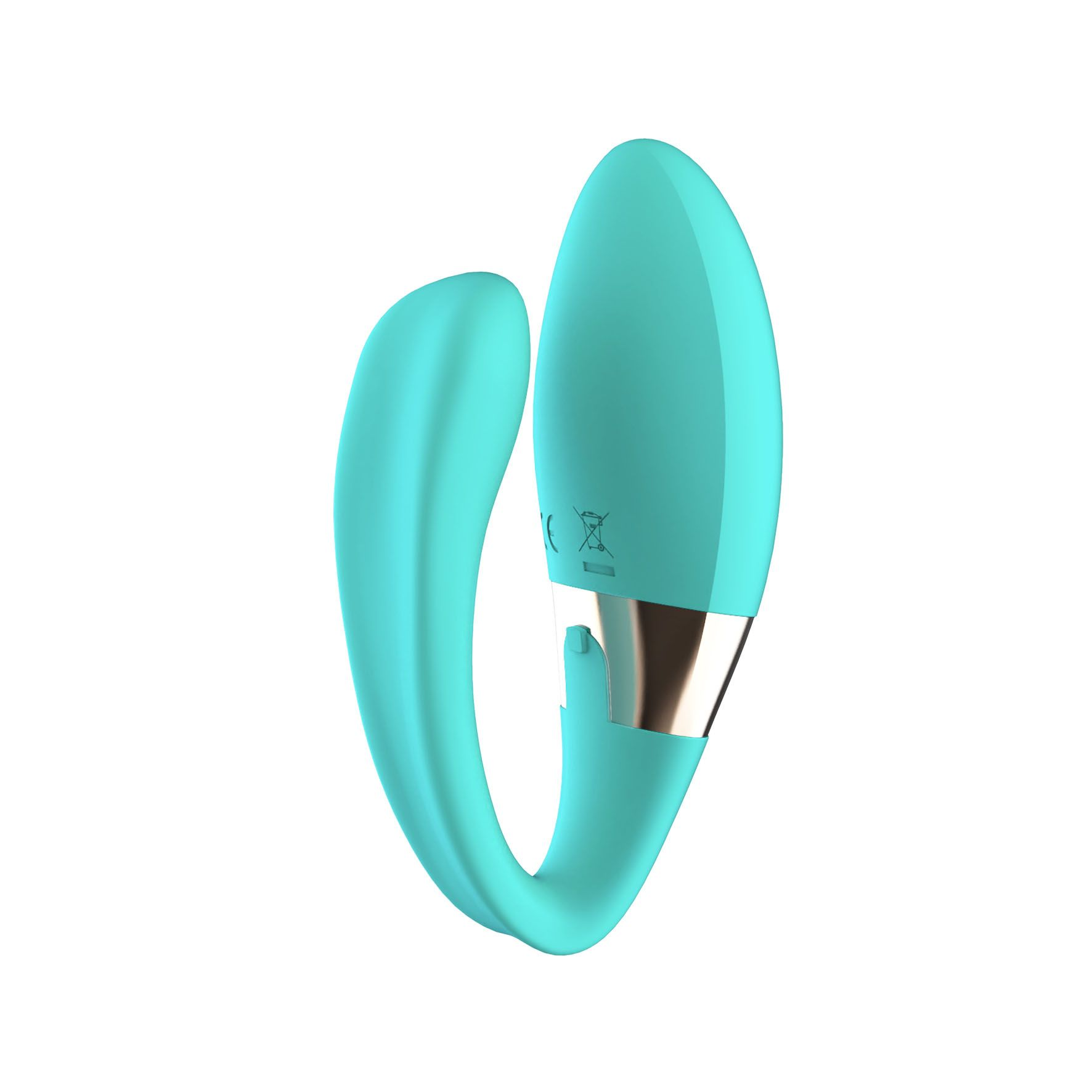 Un vibrador turquesa con diseño curvo y detalle de anillo dorado.