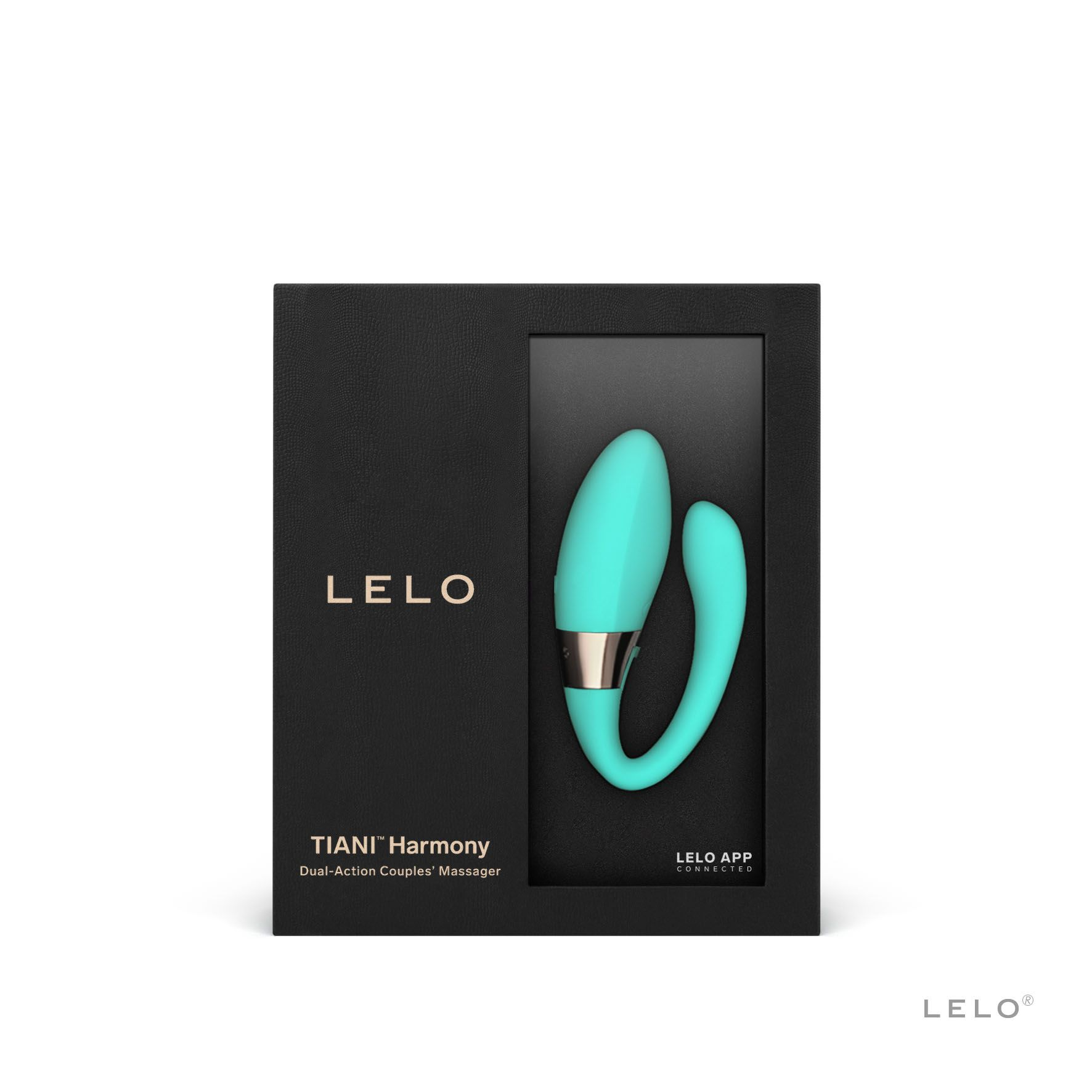 Un masajeador teal LELO Tiani Harmony de doble acción para parejas en una caja negra texturizada.