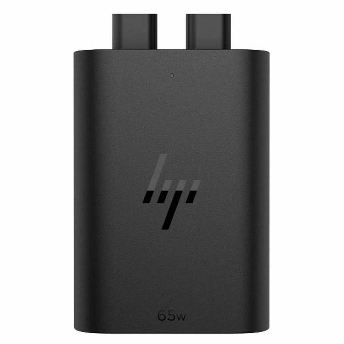 Üstte iki USB-C bağlantı noktasına sahip siyah HP 65W USB-C Güç Adaptörü.
