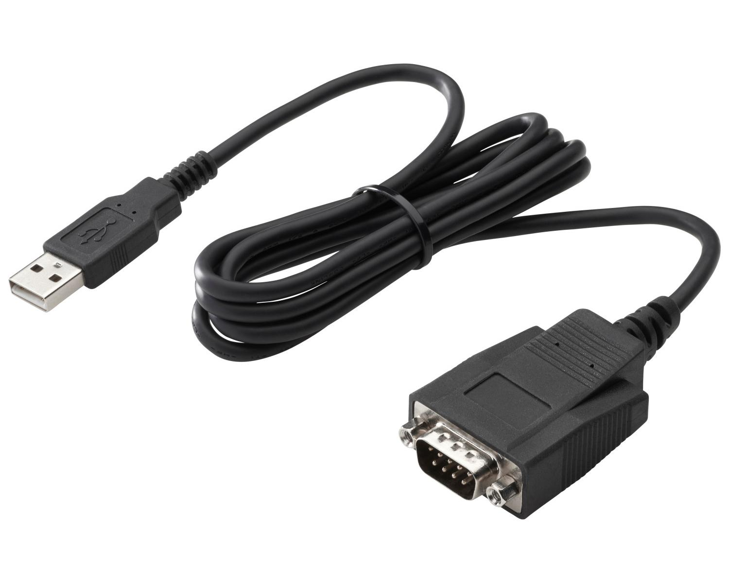 Un cavo adattatore da USB a seriale nero, con un connettore USB e un connettore seriale a 9 pin.
