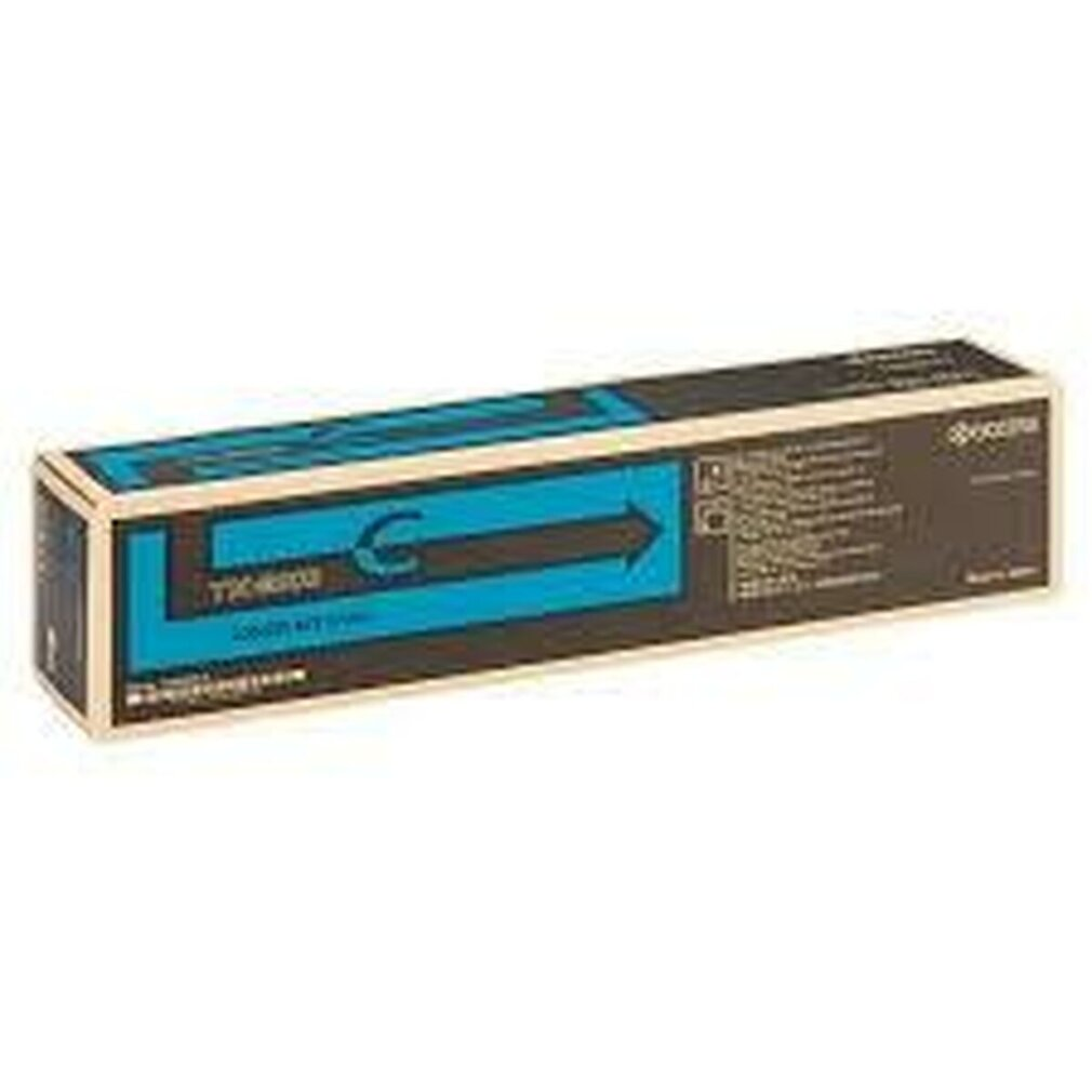 Een cyan toner cartridge doos met een blauwe pijl en tekst op een donkere achtergrond.