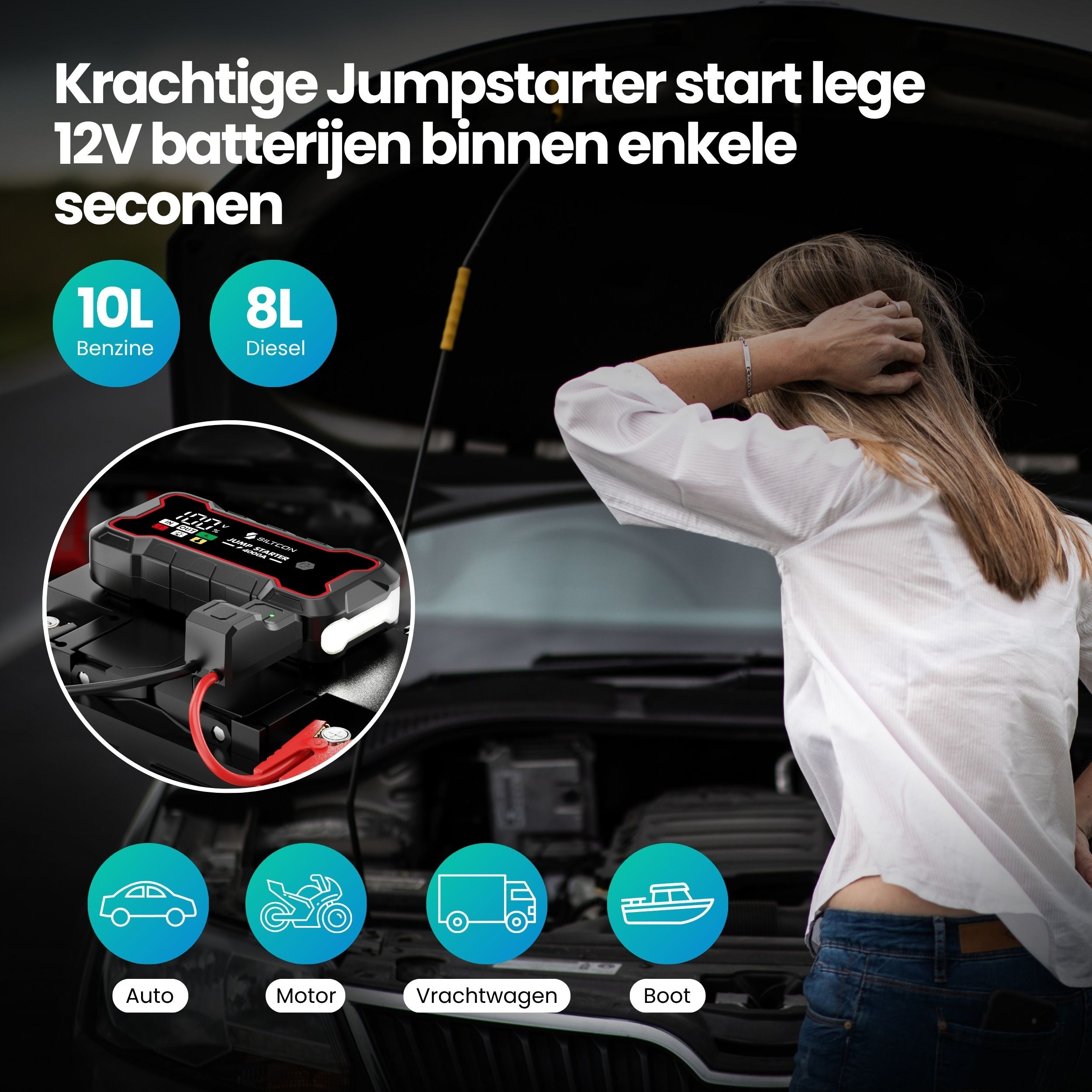 Een jumpstarter voor 10L benzine of 8L diesel, met iconen voor auto, motor, vrachtwagen en boot.