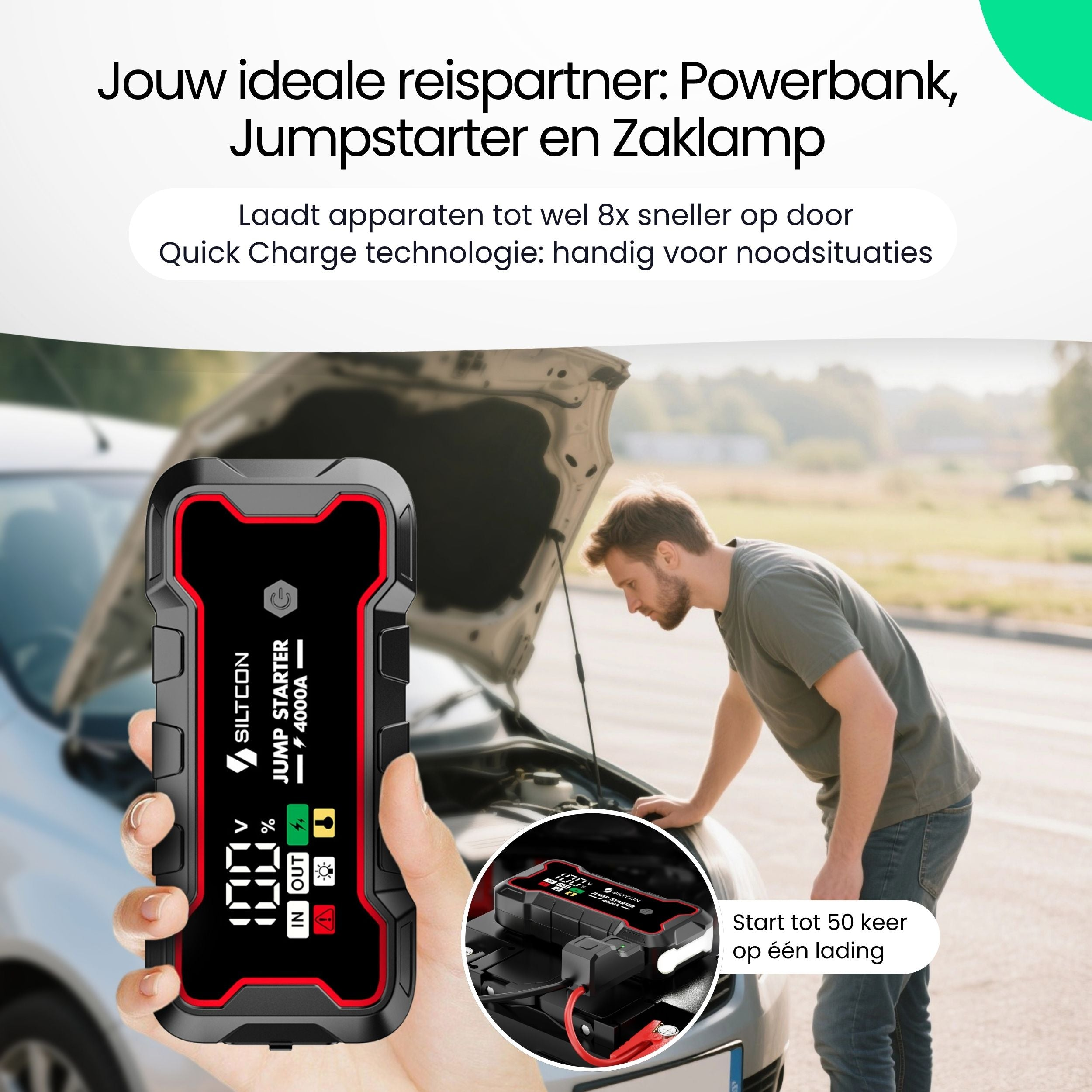 Een man controleert een auto met open motorkap, vasthoudend een startbooster.