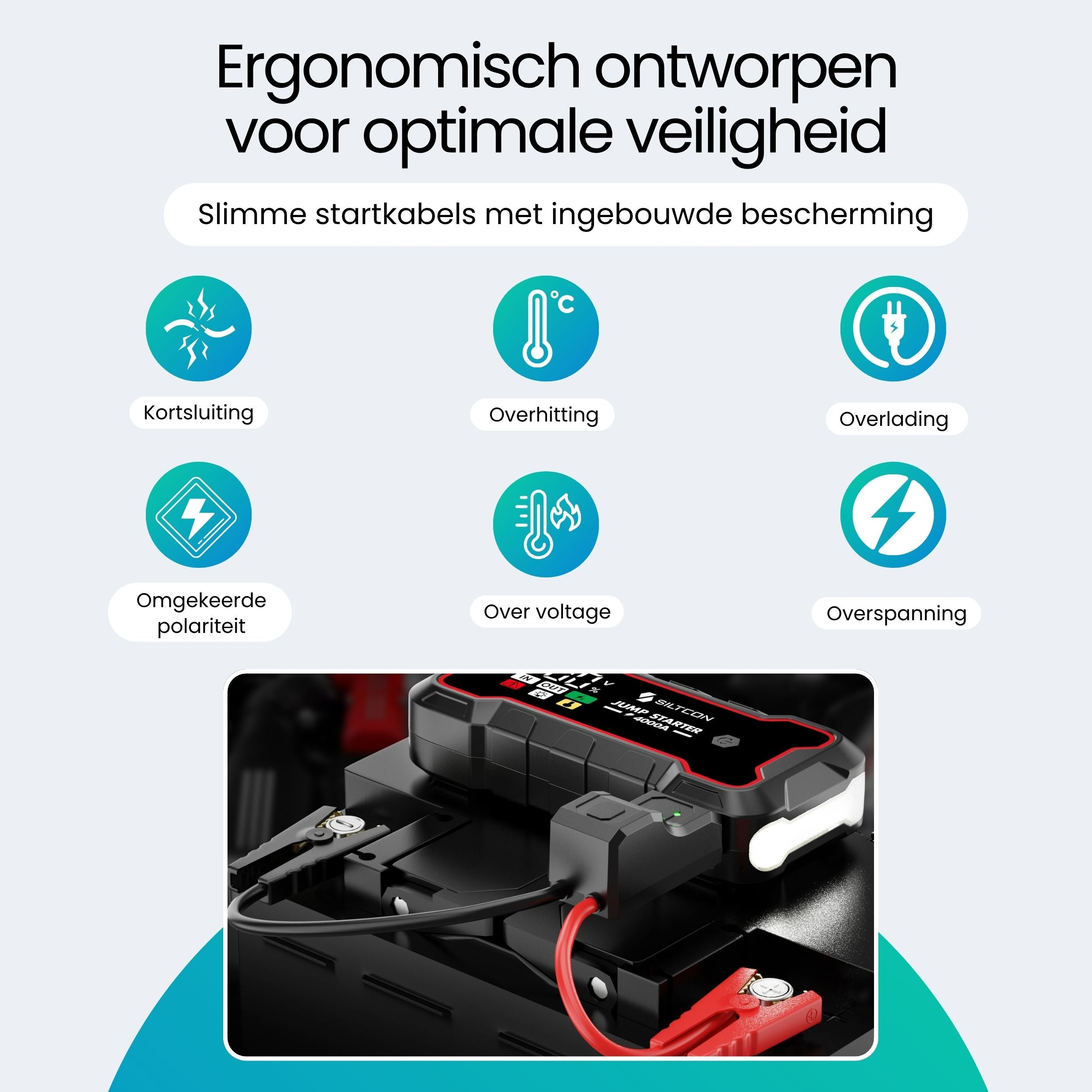Een jumpstarter met zes beschermingsiconen en aangesloten kabels.