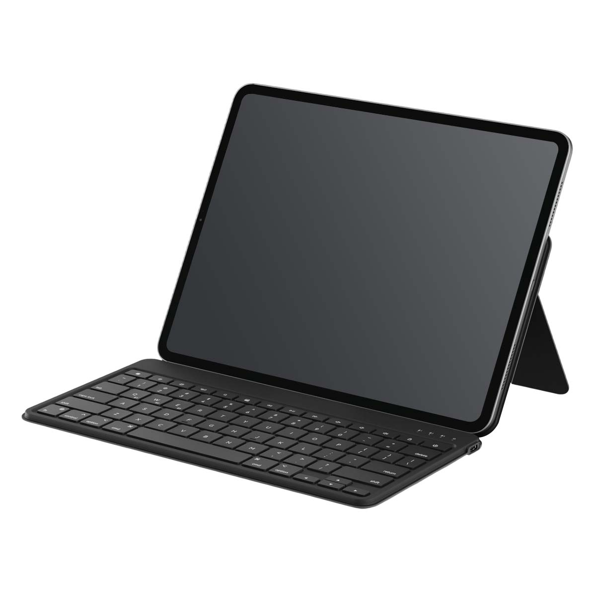 Viene mostrato un tablet nero con custodia a tastiera. Lo schermo è scuro.