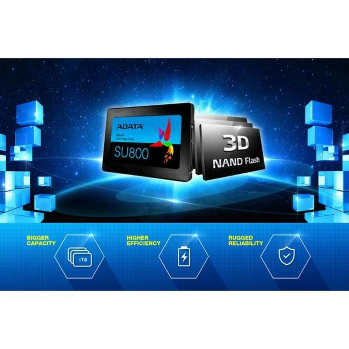 SSD ADATA SU800 con flash NAND 3D, evidenziando capacità, efficienza e affidabilità.