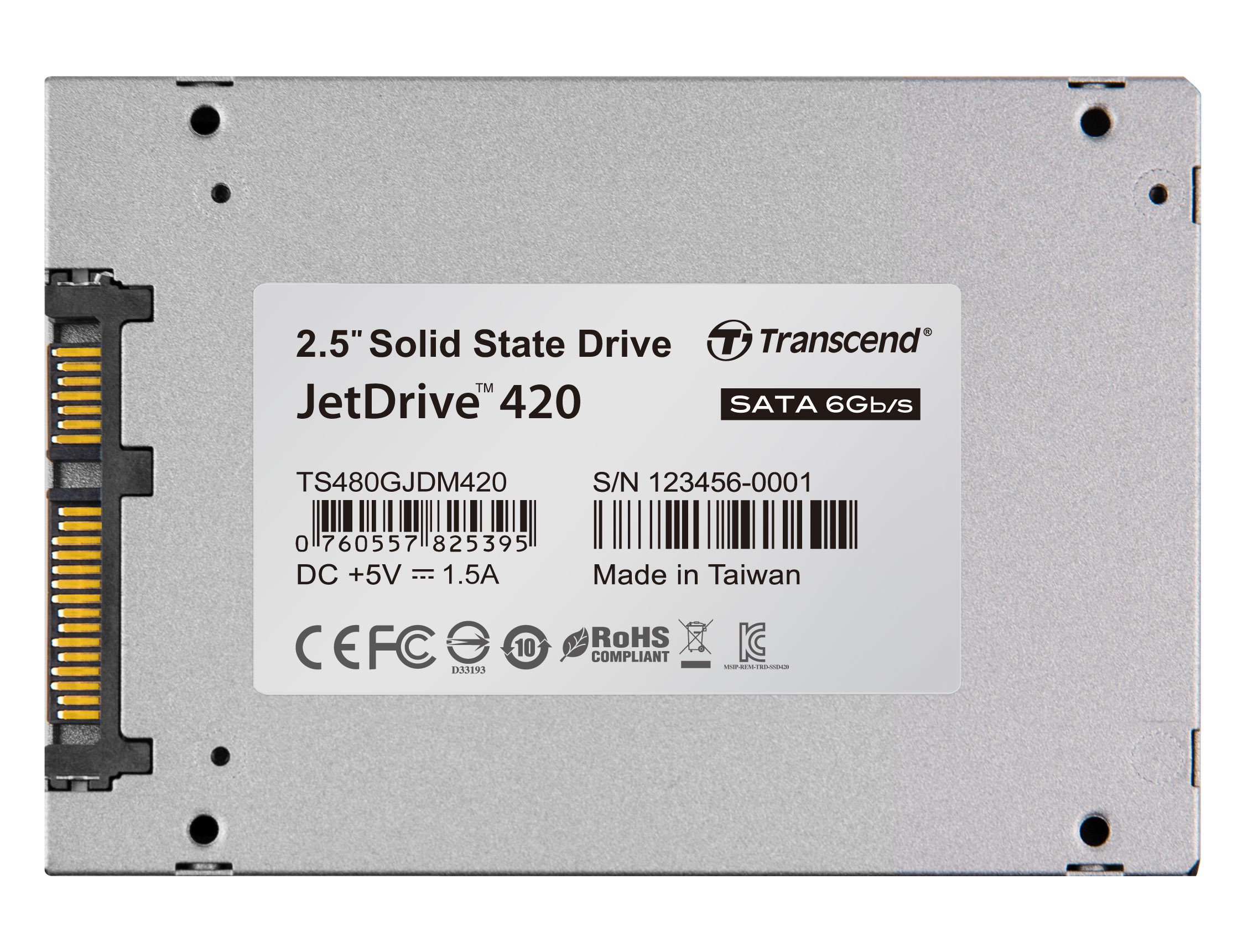 SSD Transcend argentata da 2,5 pollici con connettore SATA ed etichetta.
