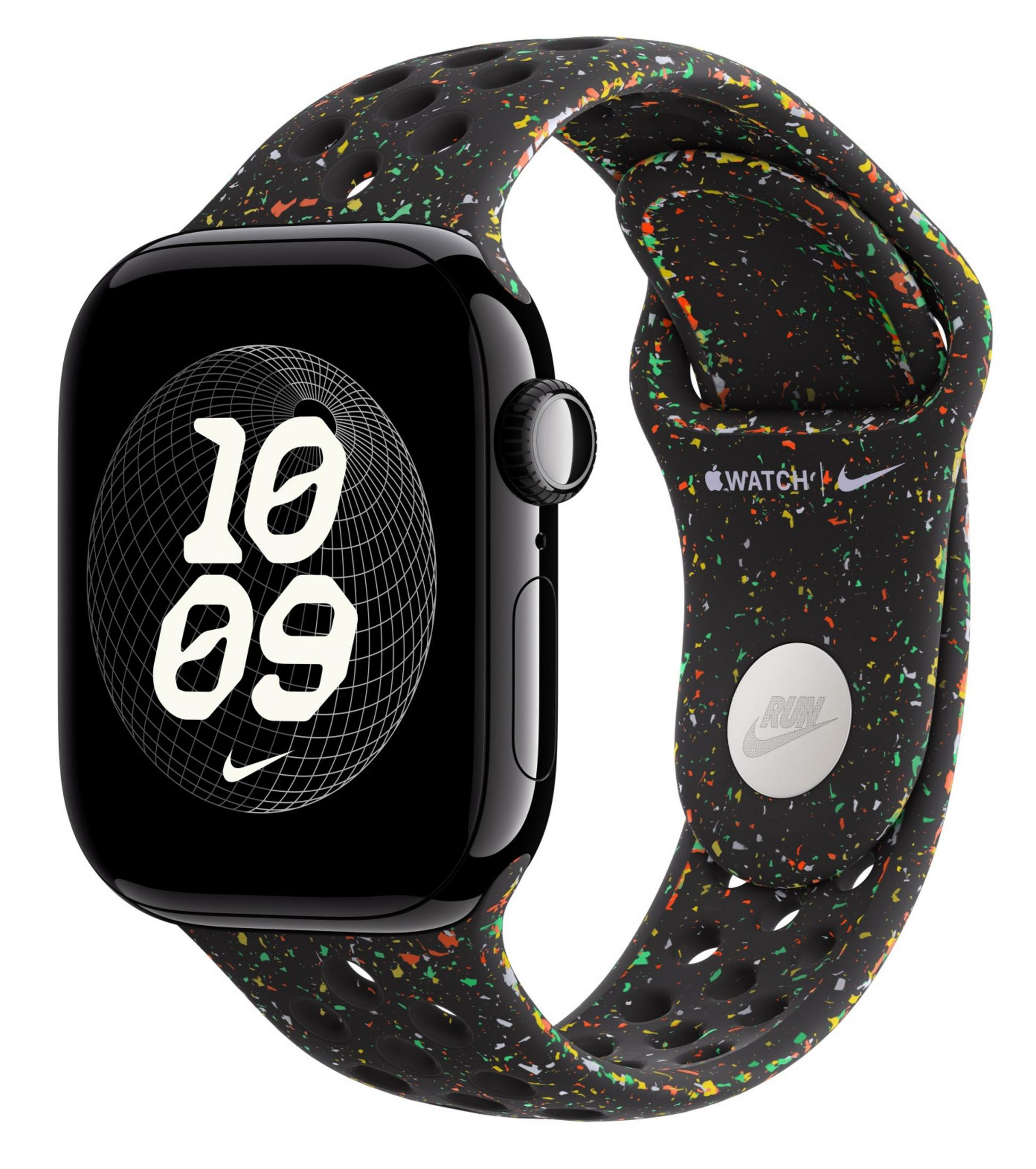 Schwarze Smartwatch mit buntem Armband und digitaler Zeitanzeige.