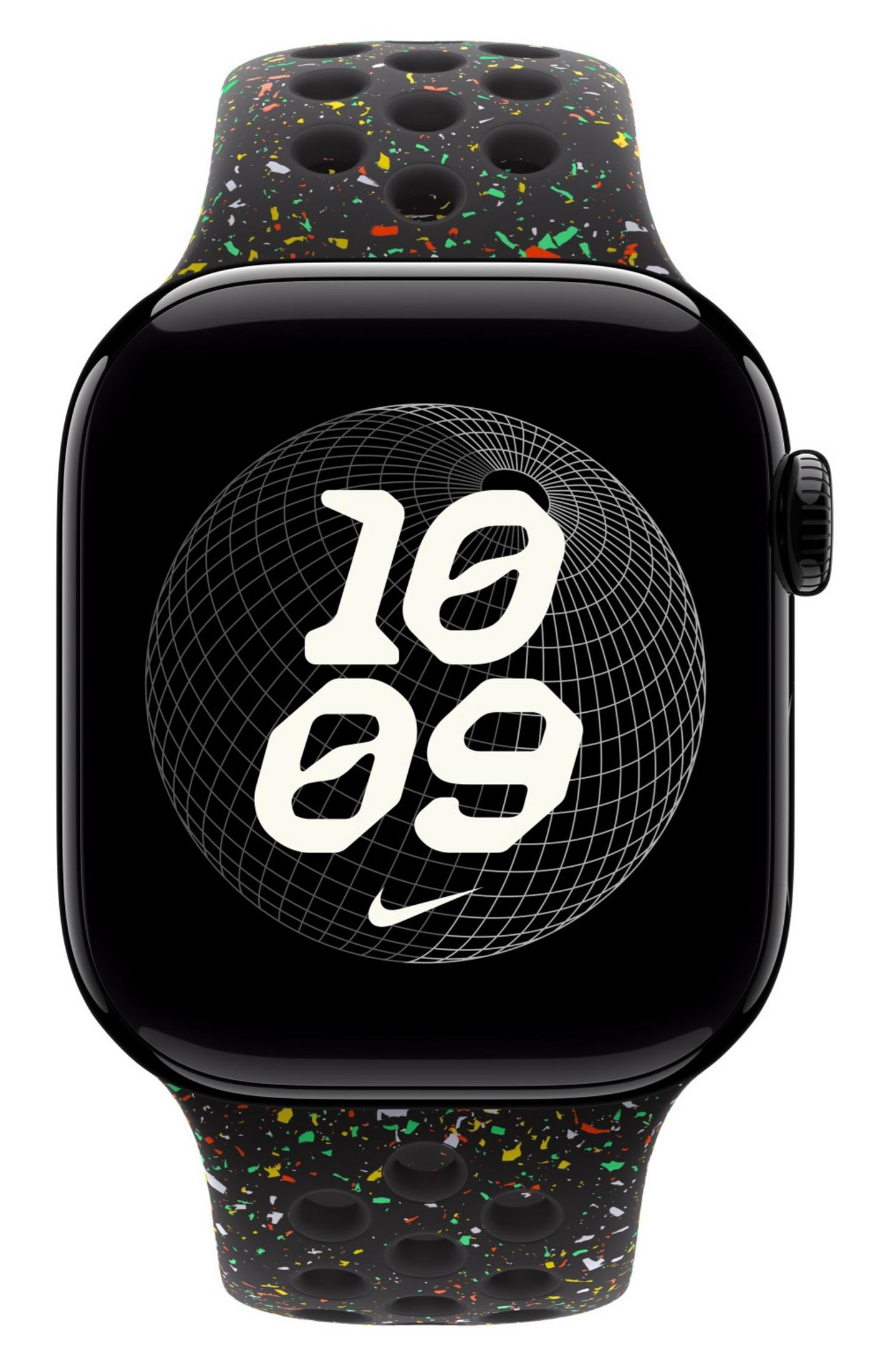 Schwarze Apple Watch mit mehrfarbigem gesprenkeltem Armband und schwarzem Display mit '10 09'.