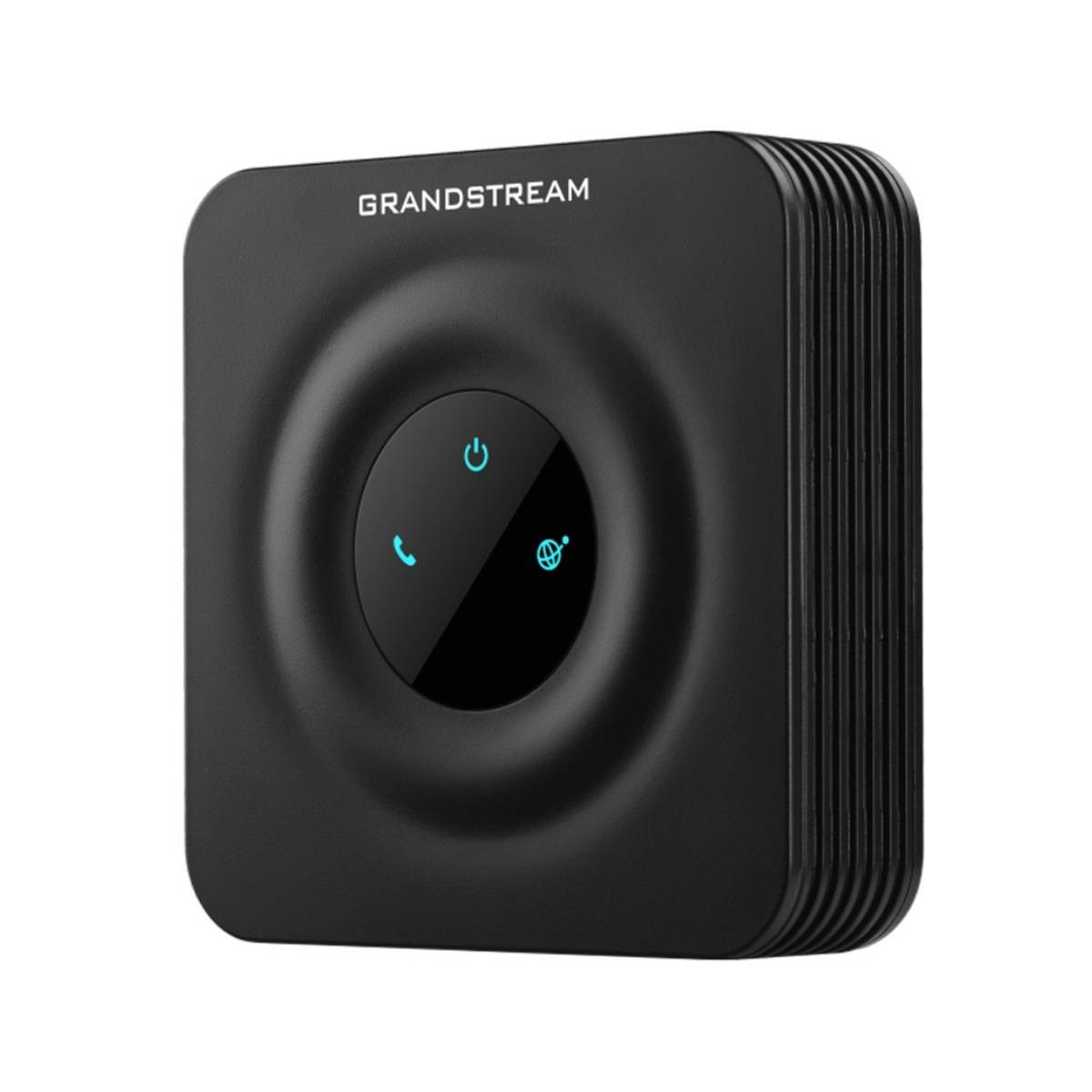 Schwarzes Grandstream-Telefon mit Ein-/Aus-, Anruf- und Netzwerksymbolen.