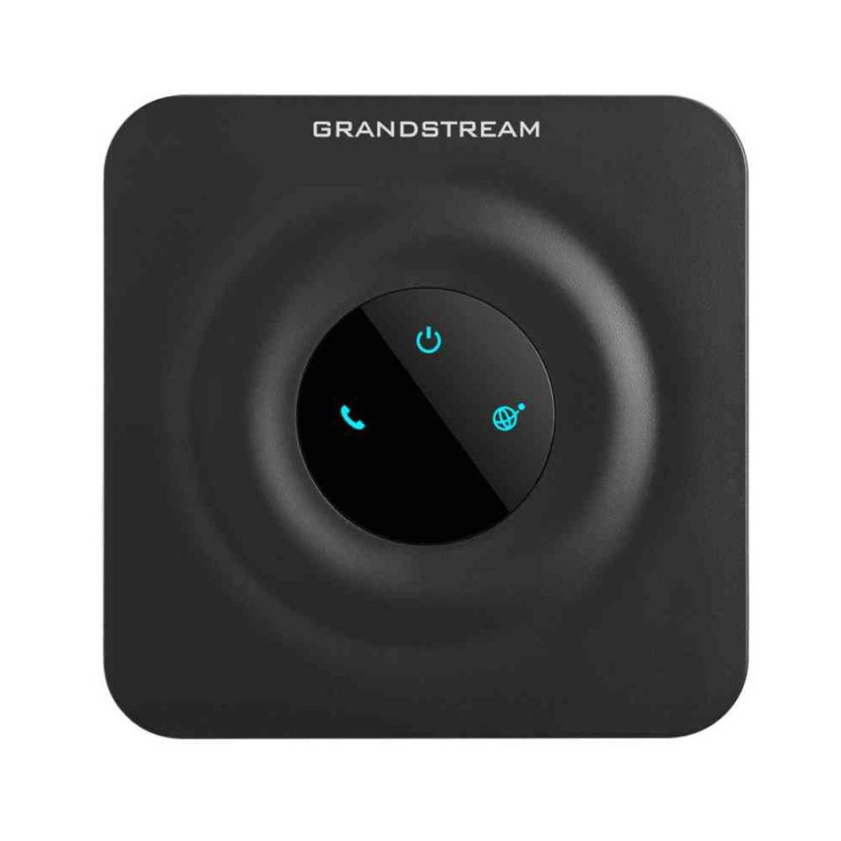 Schwarzes Grandstream-Gerät mit drei beleuchteten blauen Symbolen: Strom, Telefon und Globus.