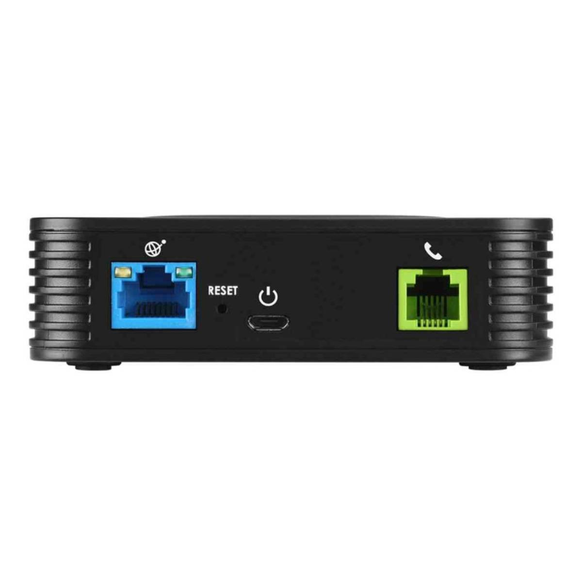 Schwarzer Router mit blauen und grünen Ethernet-Anschlüssen, Reset- und Ein-/Aus-Taste.