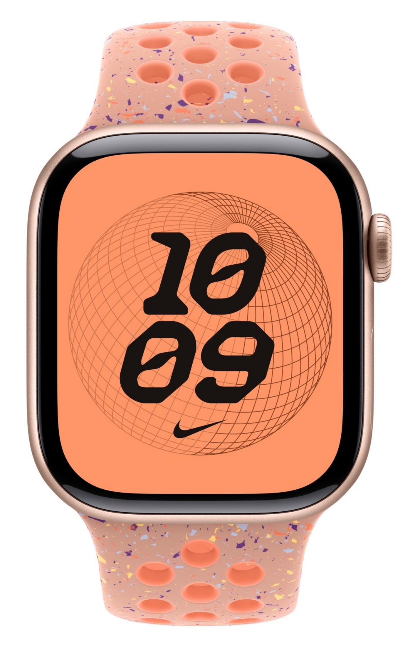 Zbliżenie na zegarek Apple Watch w kolorze różowego złota z nakrapianym paskiem i pomarańczową tarczą pokazującą 10:09.