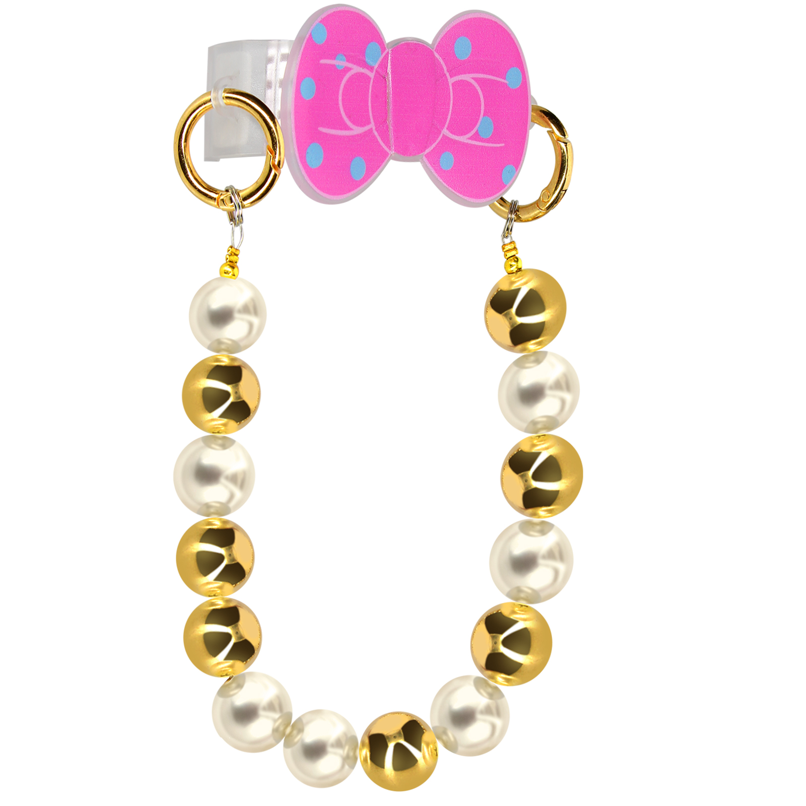 Un ciondolo a fiocco rosa con pois blu che tiene una collana di perle bianche e dorate.