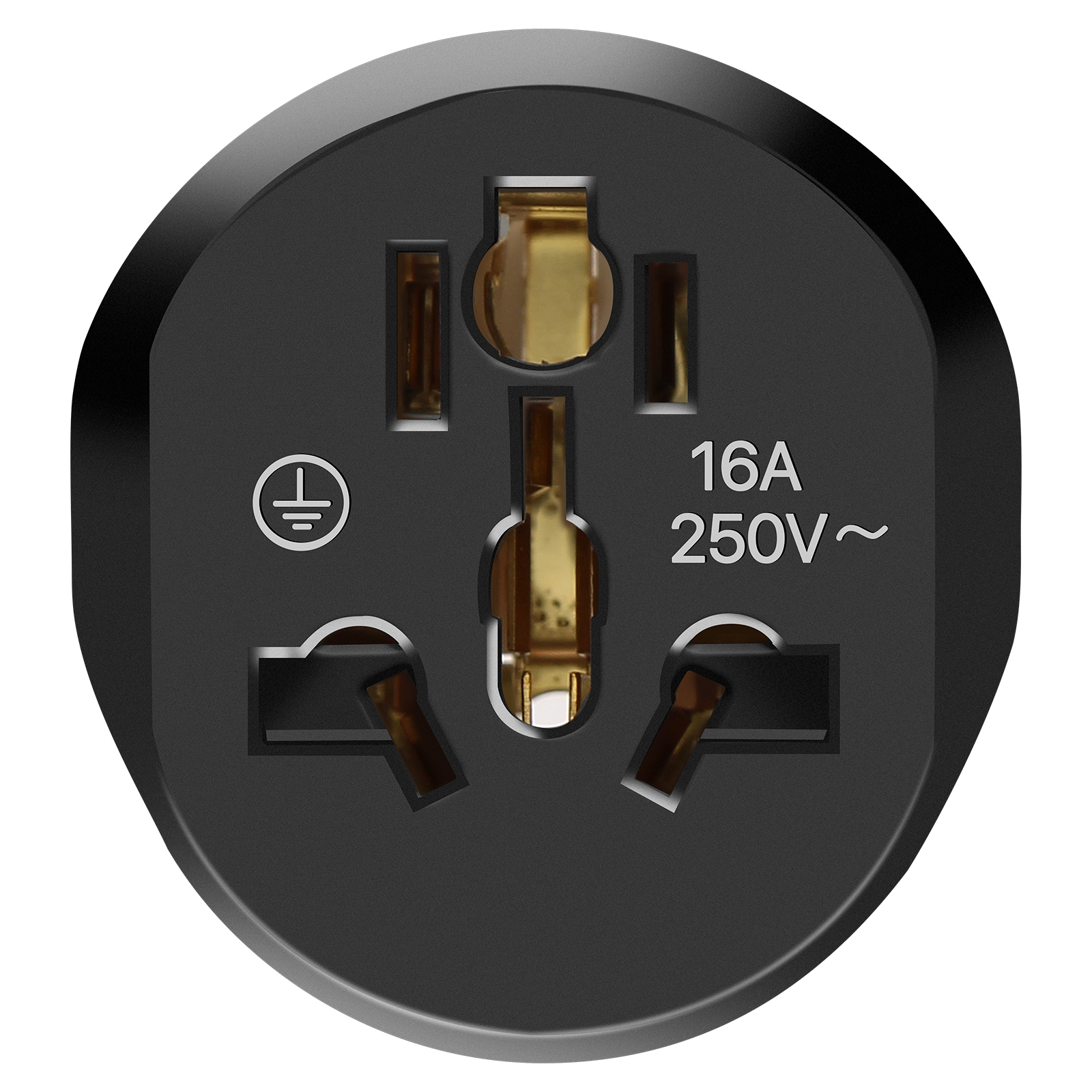 Adattatore da viaggio universale nero con fessure per spine e 16A 250V.