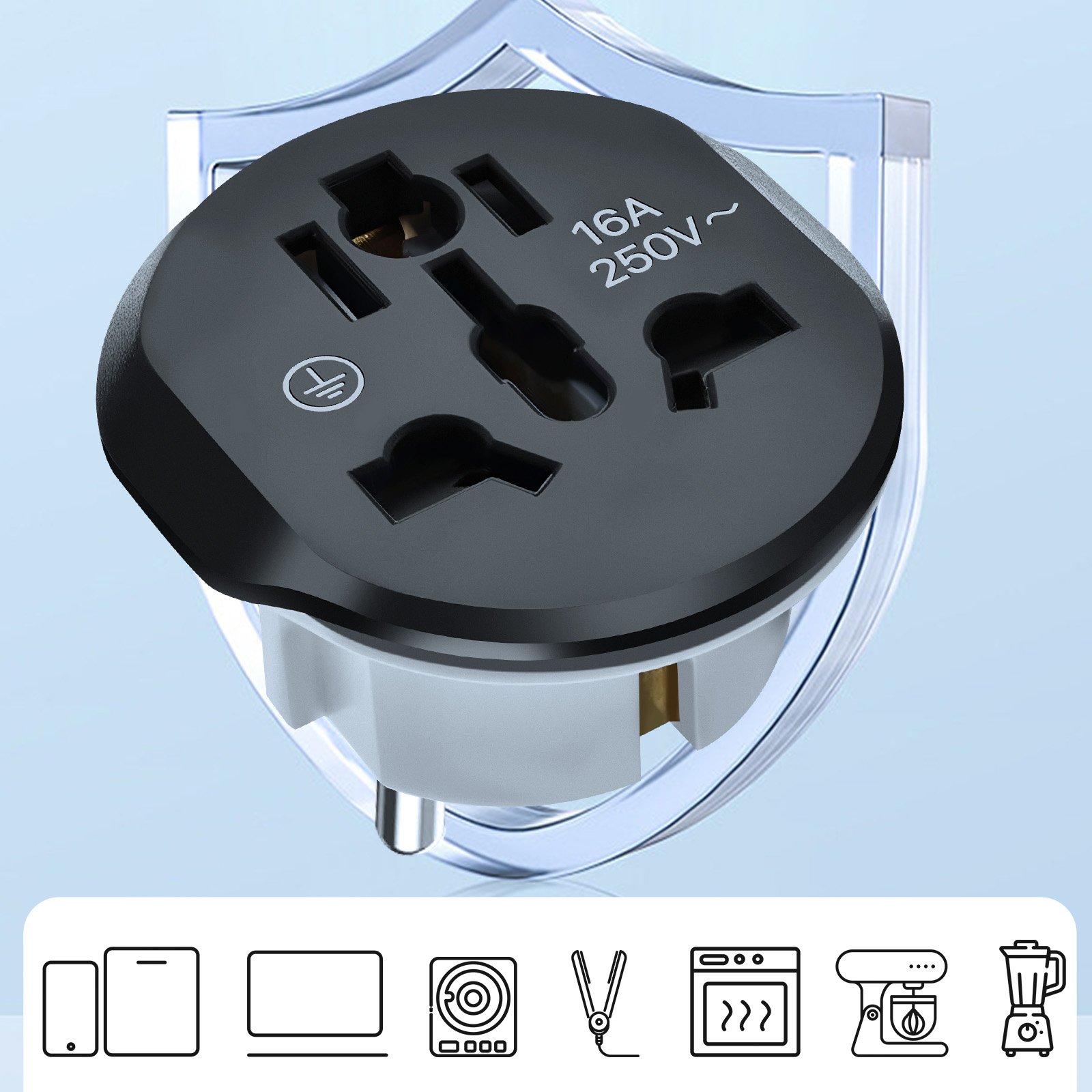 Adattatore da viaggio universale nero con prese multiple, 16A 250V. Icone mostrano dispositivi.