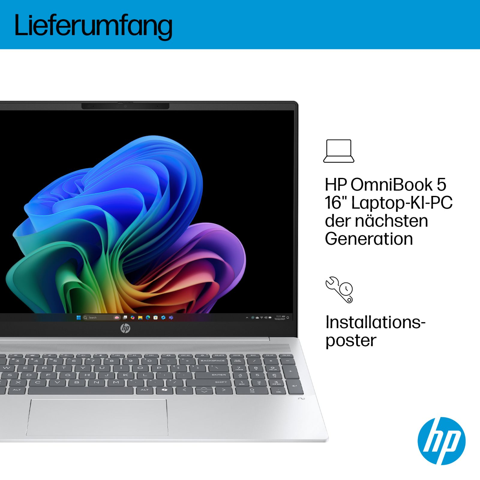 HP OmniBook 5 Laptop mit buntem abstrakten Wallpaper auf dem Bildschirm. Enthält Text zum Lieferumfang.