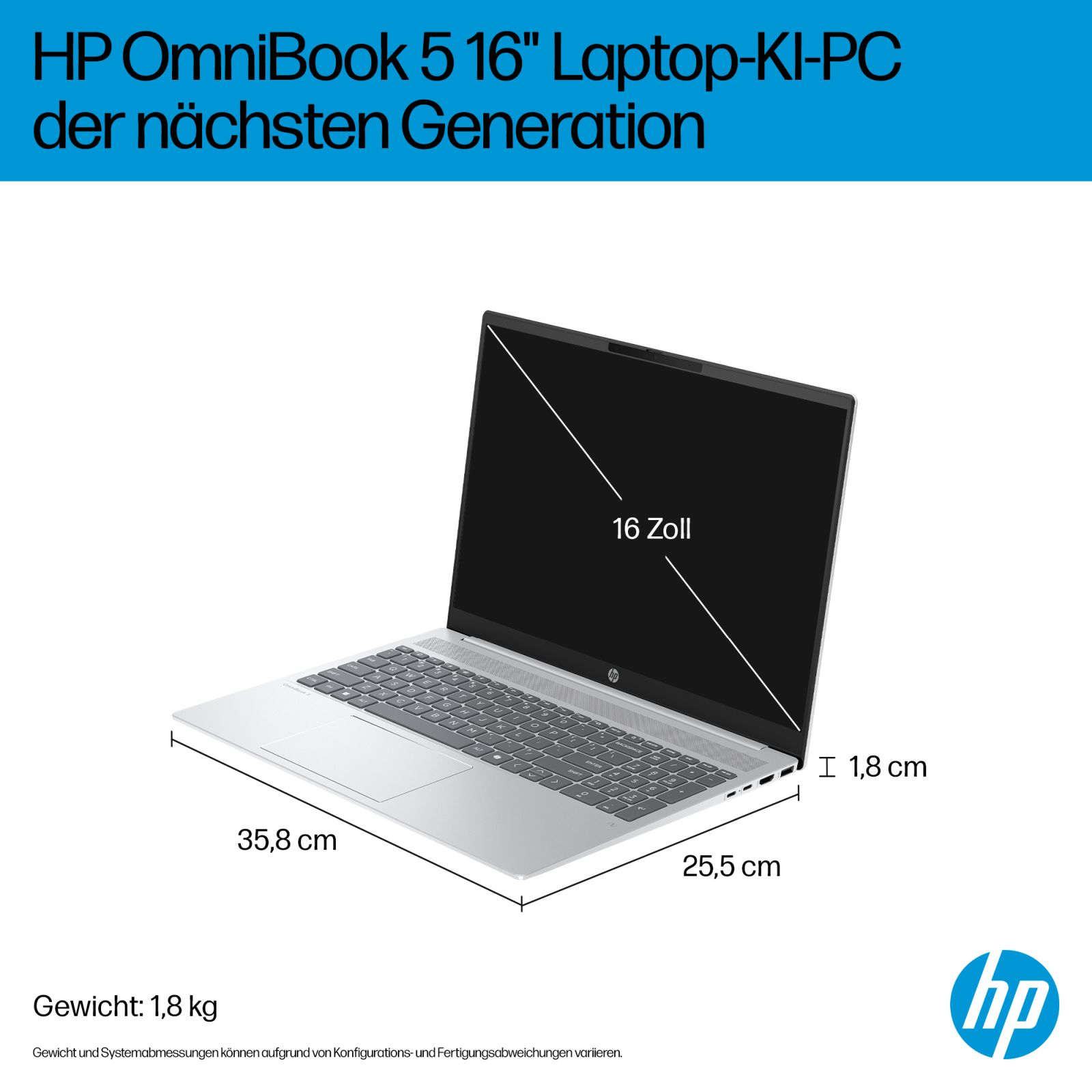 Silberner HP OmniBook Laptop mit 16-Zoll-Bildschirm, 35,8 cm Breite, 25,5 cm Tiefe, 1,8 cm Höhe, 1,8 kg Gewicht.