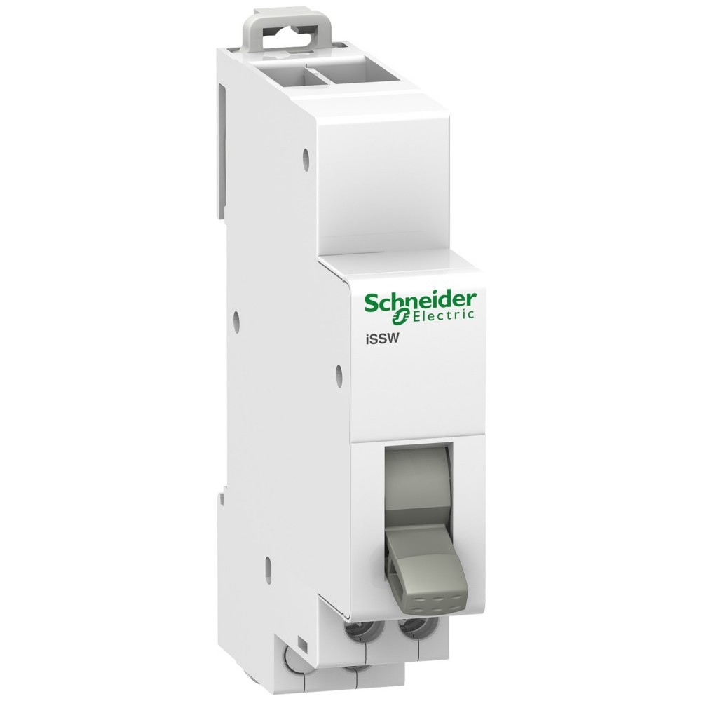 Un interruttore automatico Schneider Electric bianco con leva grigia.