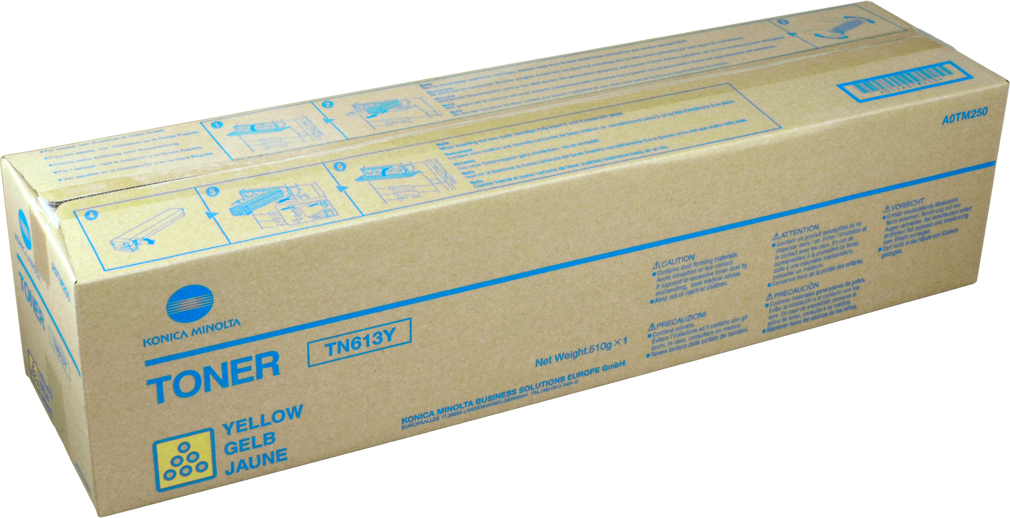Toner giallo Konica Minolta TN613Y in scatola di cartone con etichette di avvertenza.