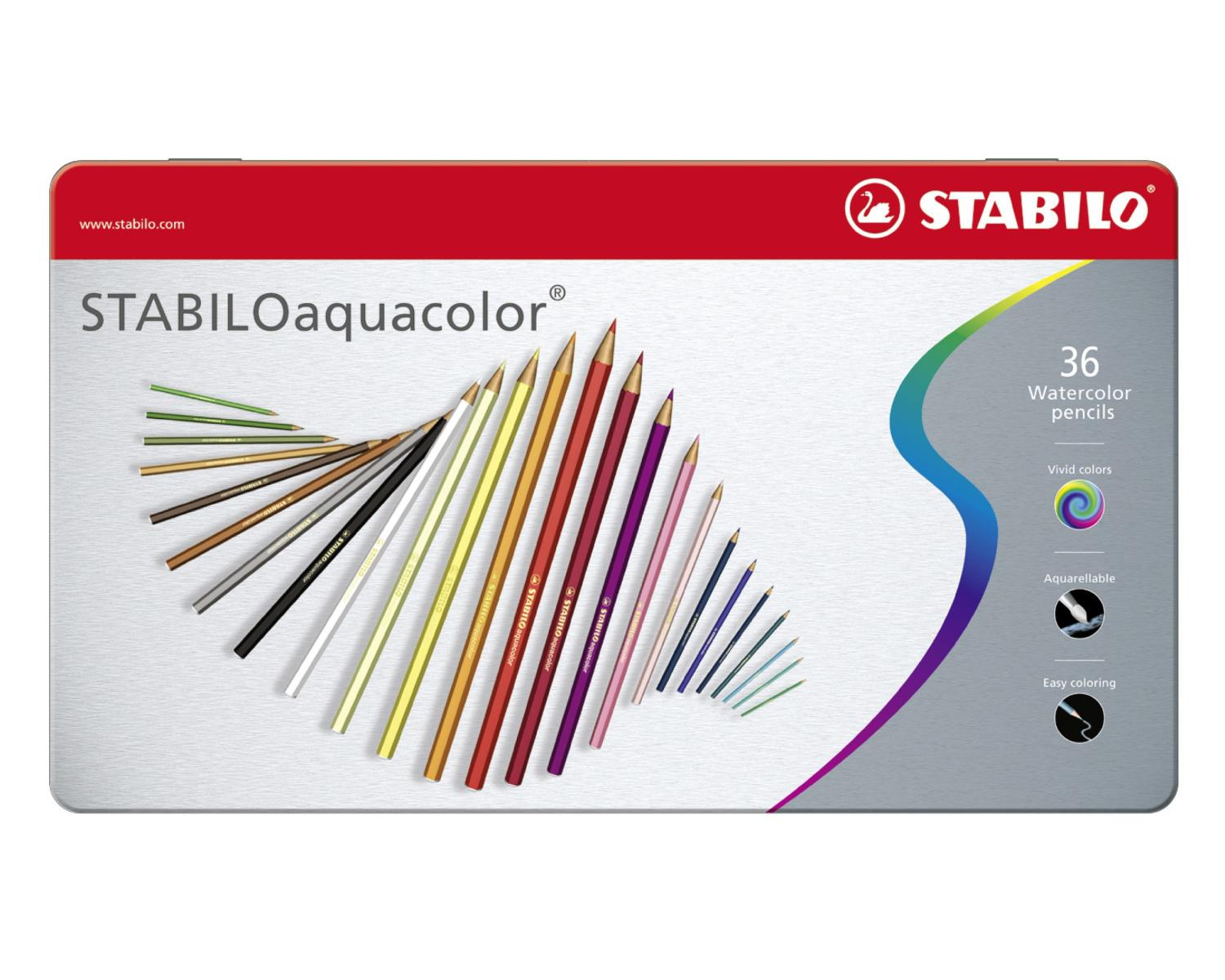 Una scatola STABILO Aquacolor mostra 36 matite acquerellabili in vari colori, a ventaglio.