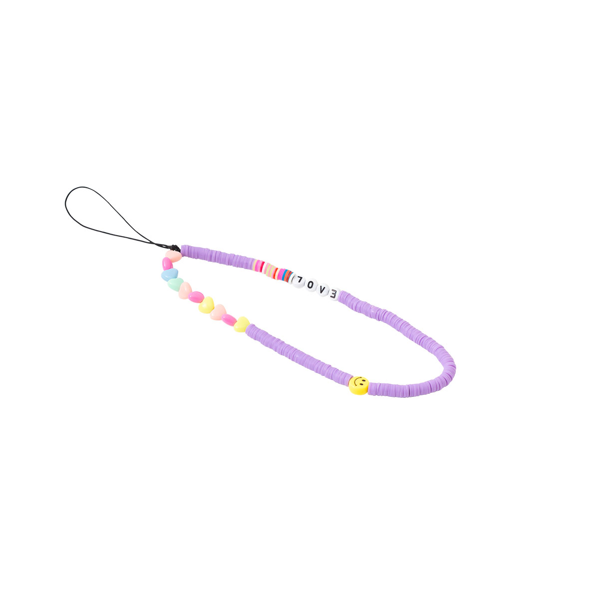 Lila Perlen-Handyband mit Herzperlen, Buchstabenperlen mit der Aufschrift „LOVE“ und einer Smiley-Perle.