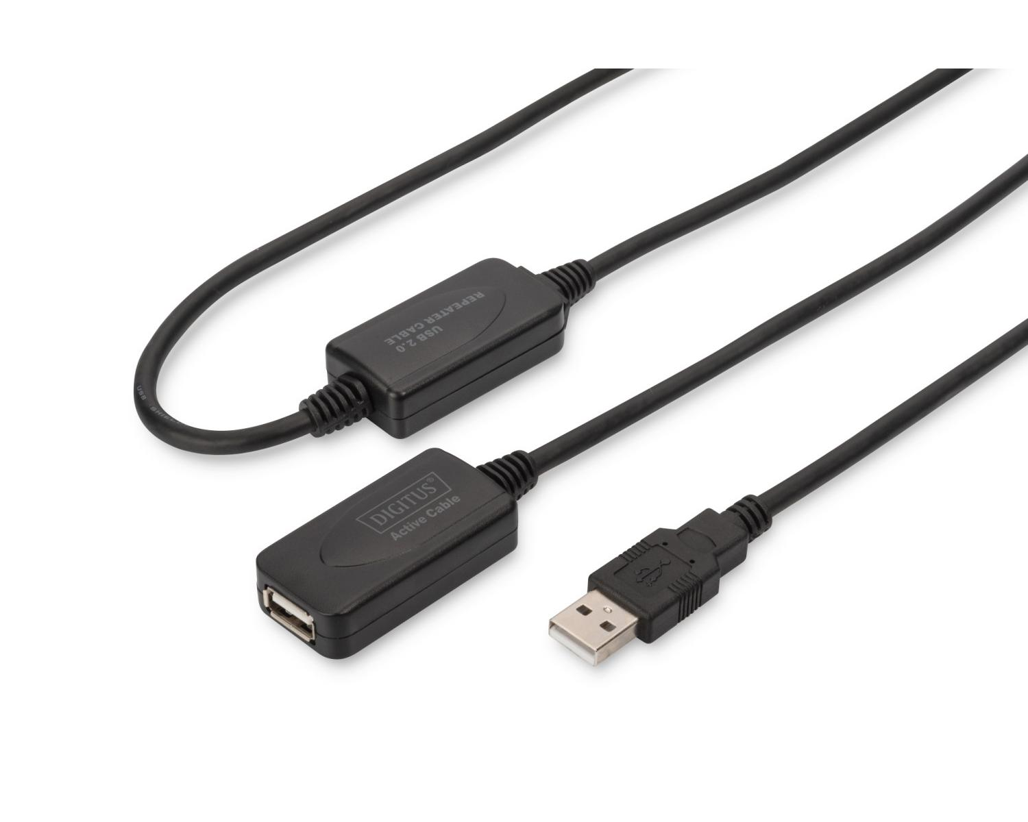 Due cavi USB 2.0 neri con scatole nere in mezzo su sfondo bianco.