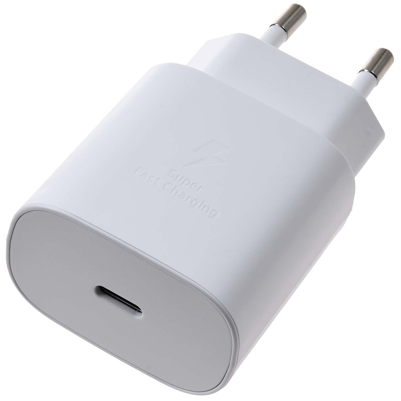 Un adattatore bianco per ricarica rapida con porta USB-C e due pin metallici.