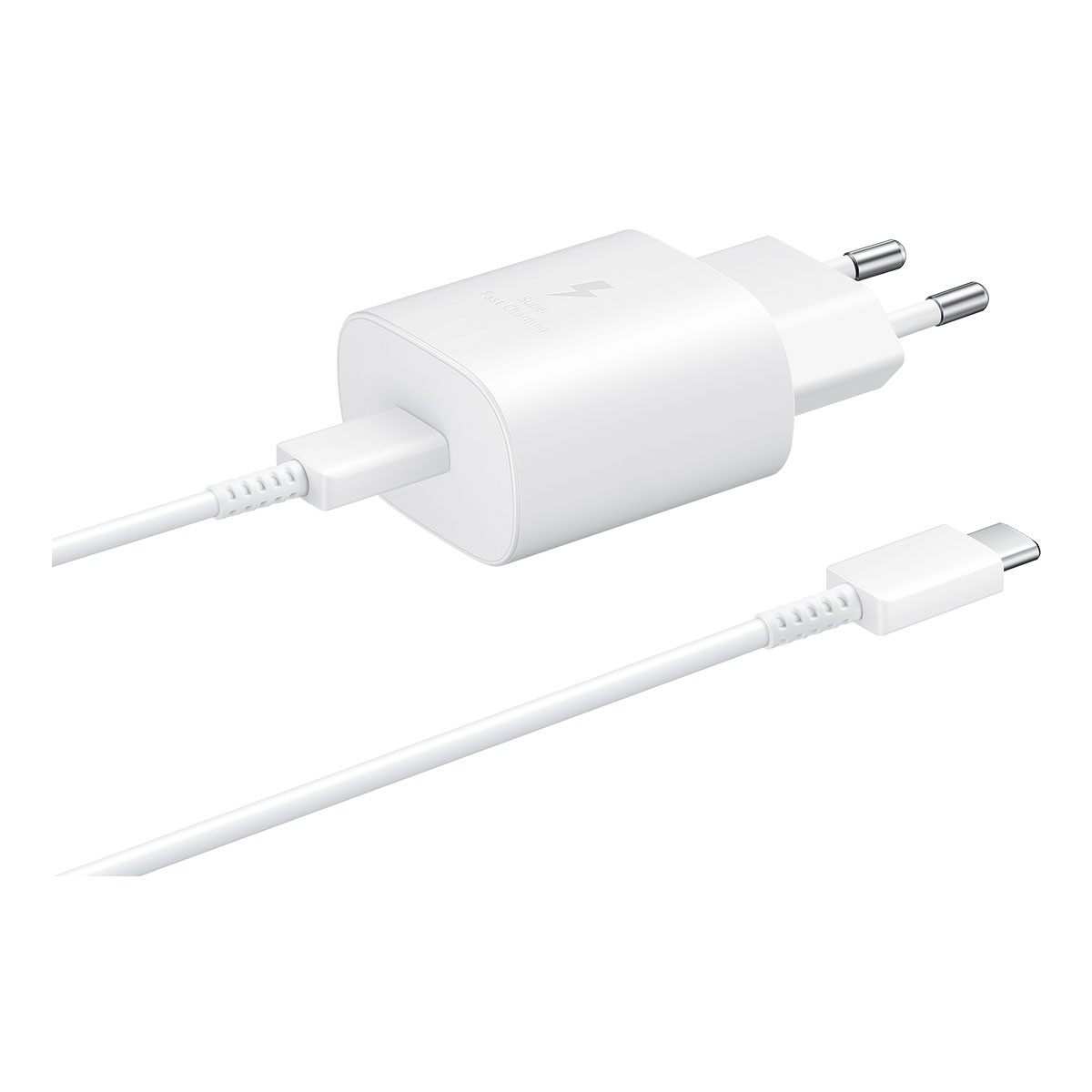 Un adattatore bianco per ricarica rapida con cavo USB-C e due pin metallici.