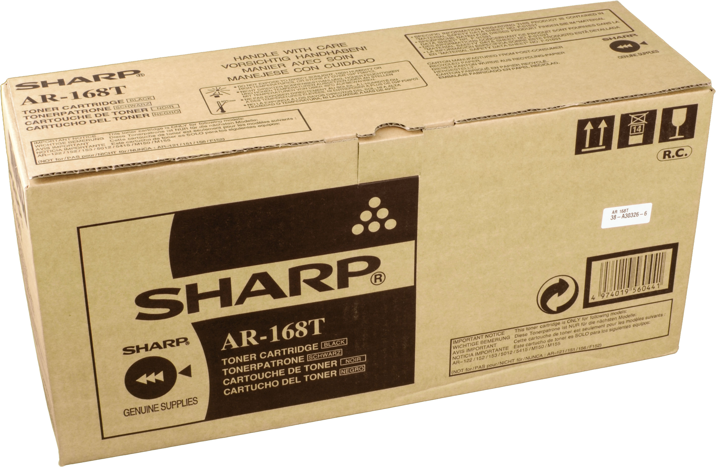 Scatola per cartuccia toner Sharp AR-168T, nero. Include avvertenze e codice a barre.