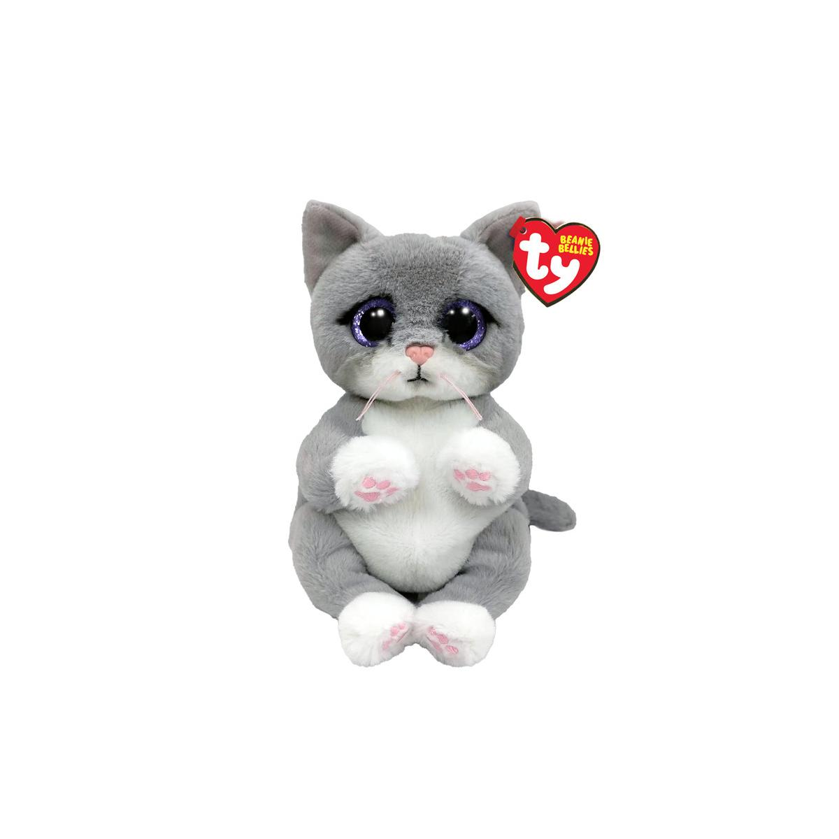 Un gatto di peluche grigio con grandi occhi scintillanti e zampe rosa.