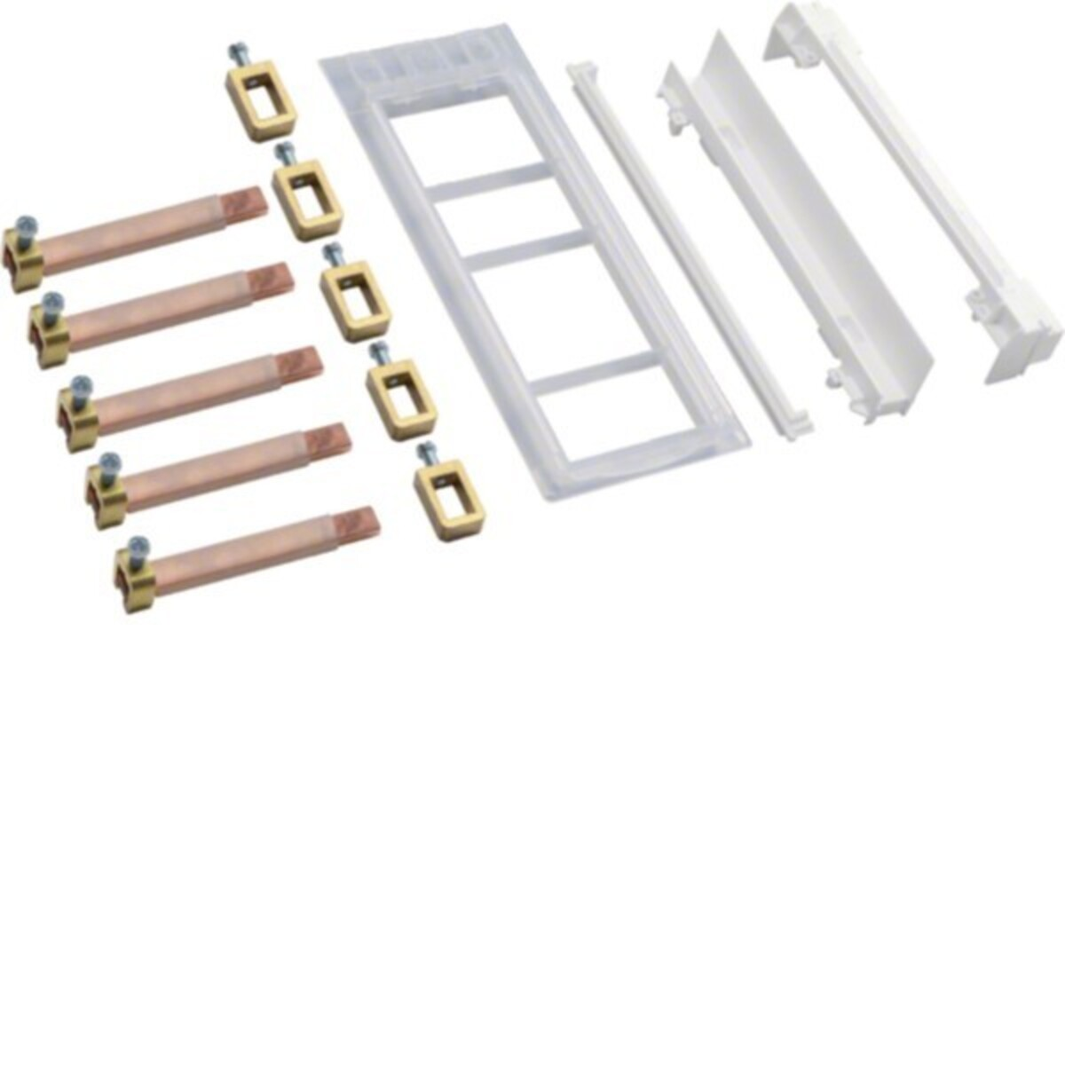 Barre collettrice in rame con connettori in ottone e parti in plastica.