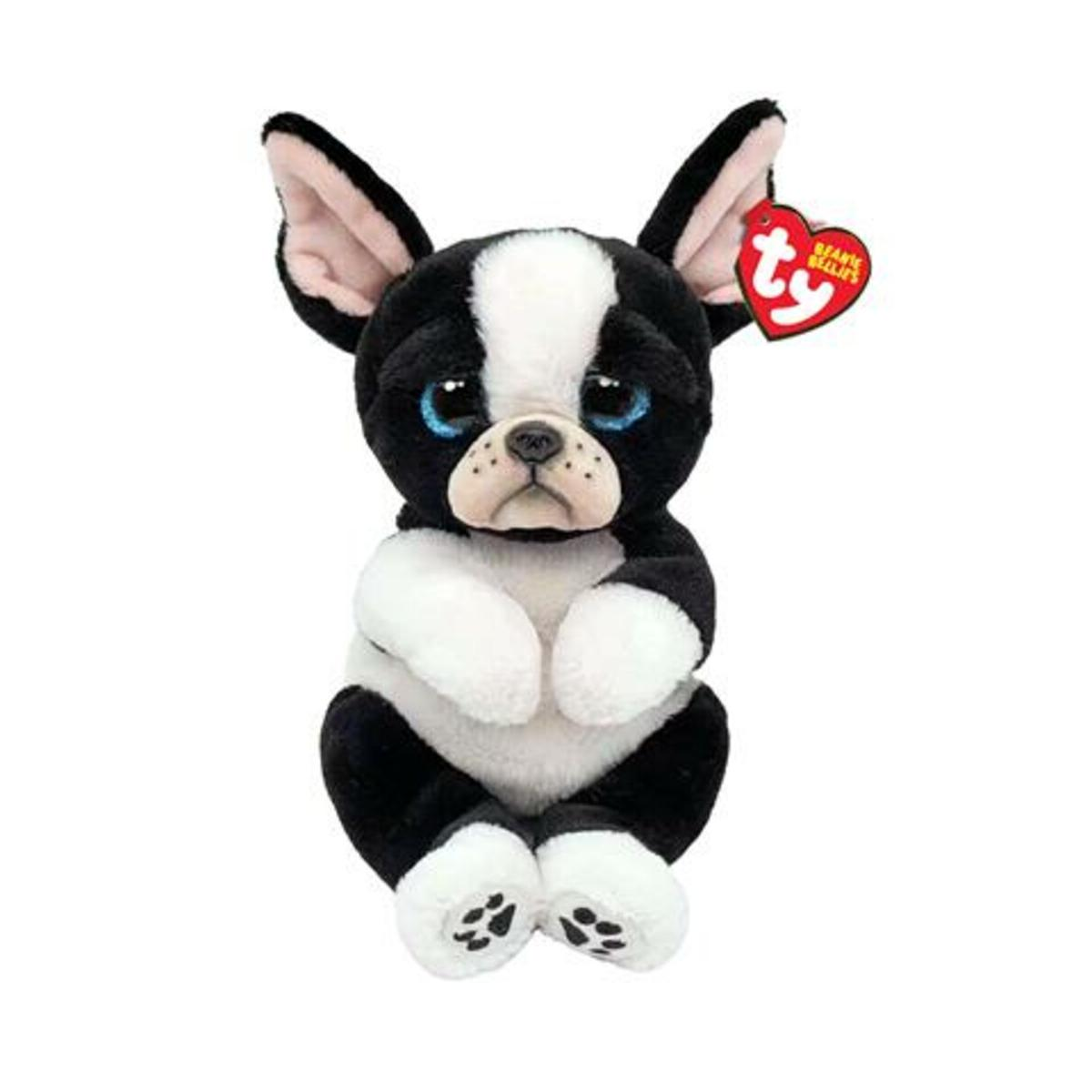 Un peluche Boston Terrier con pelo bianco e nero, occhi blu e orecchie rosa.