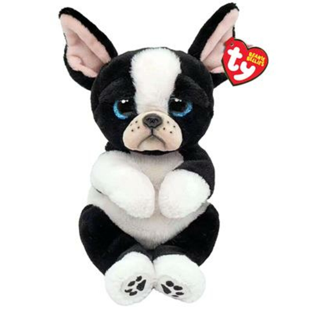 Un cane di peluche Boston Terrier bianco e nero seduto.