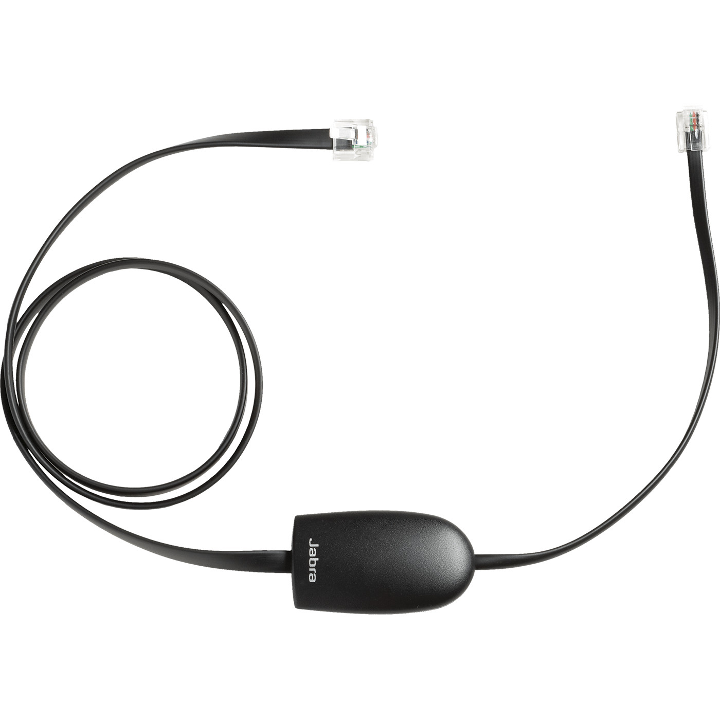 Cavo Jabra nero con due connettori RJ9 e unità di controllo centrale.