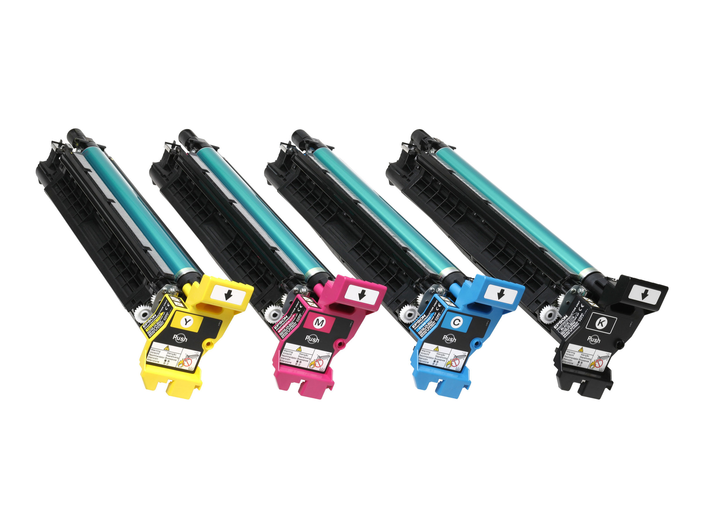 Quattro cartucce toner Epson: giallo, magenta, ciano e nero, su sfondo bianco.