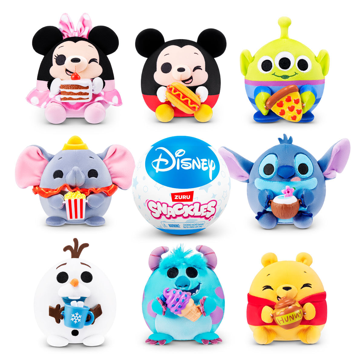 Nueve peluches de Disney: Minnie, Mickey, Alien, Dumbo, Stitch, Olaf, Sulley, Winnie the Pooh y una bola Zuru Snackle.