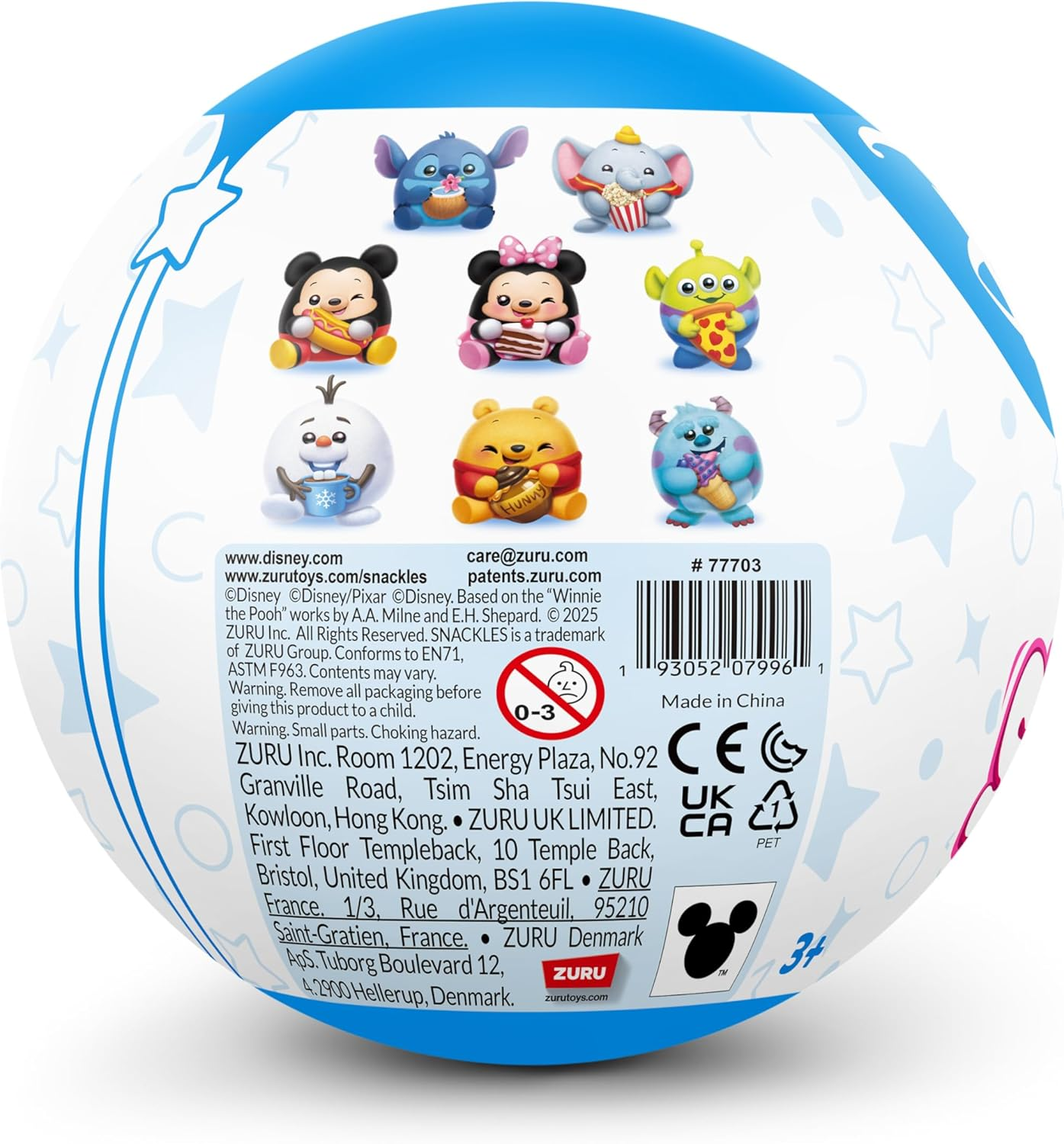 Coloridos personajes de Disney como Stitch, Dumbo, Alien, Olaf, Winnie Pooh y Sulley en una bola.